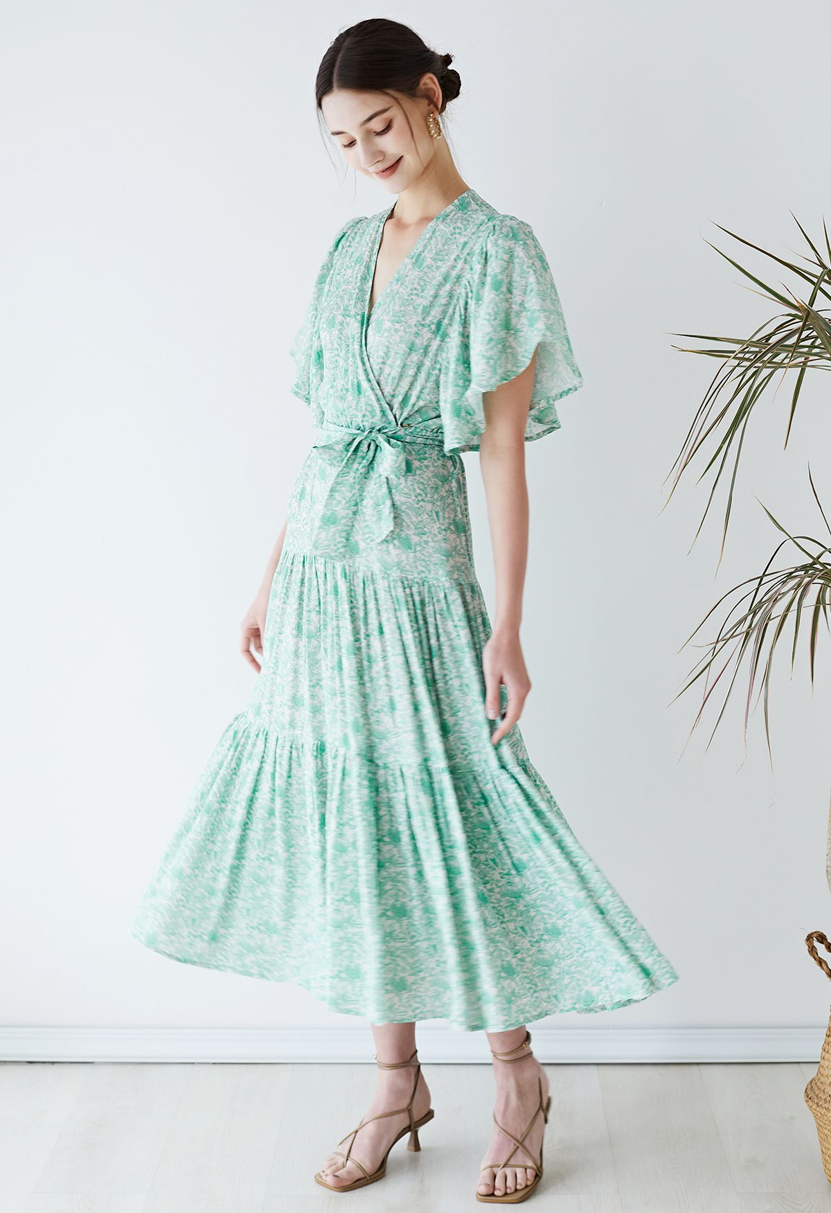 Greenery Flutter Sleeve Wrap Belted Dress