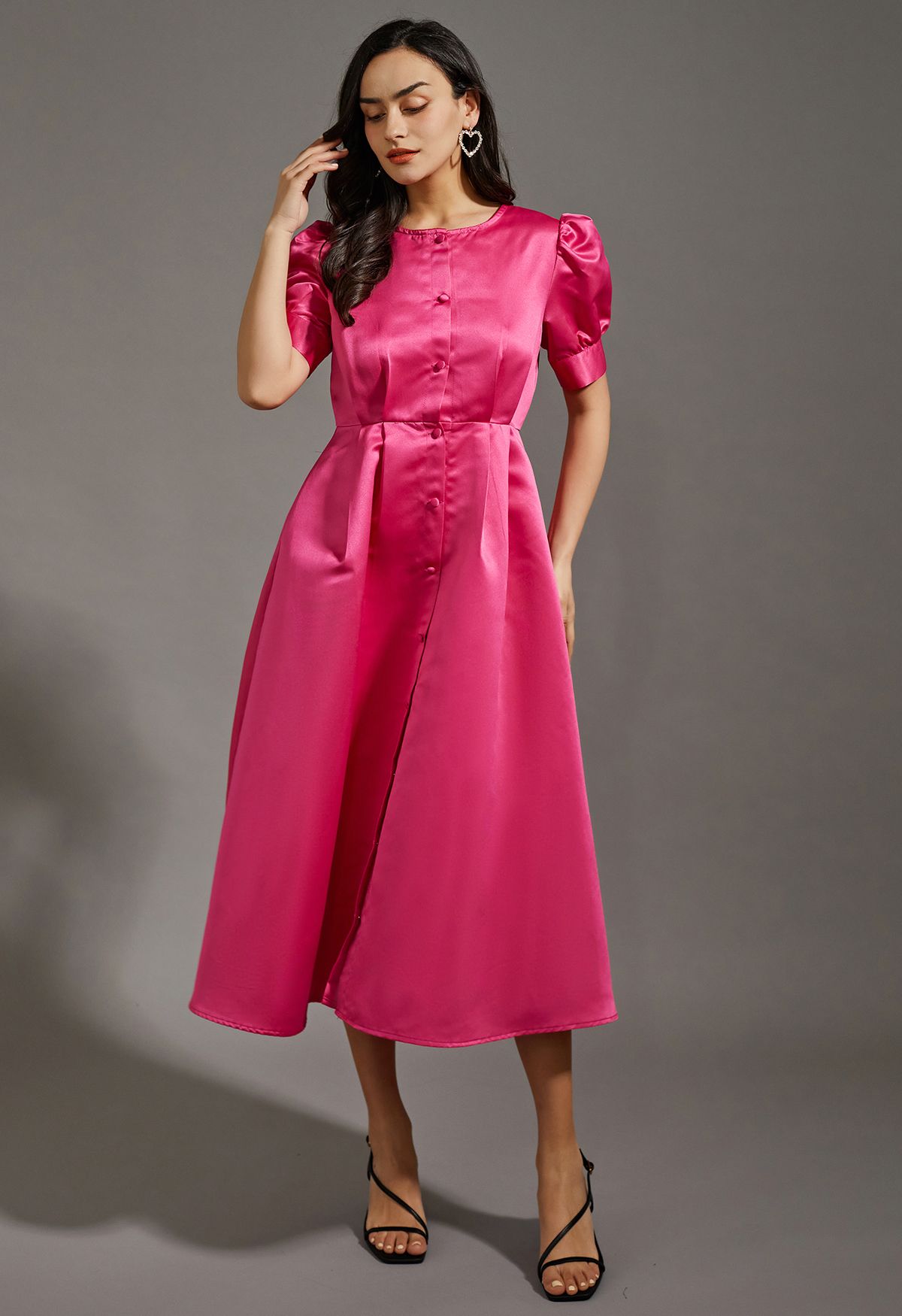 Glossy Satin Button Down Midi Dress in Hot Pink