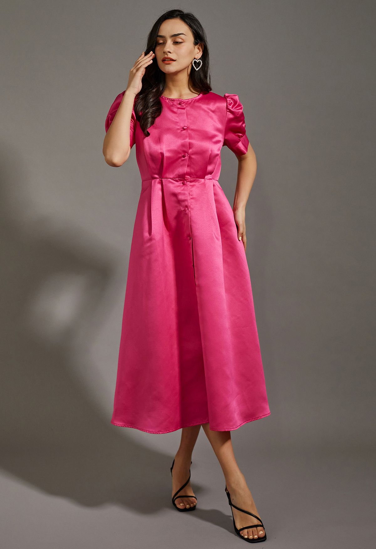 Glossy Satin Button Down Midi Dress in Hot Pink