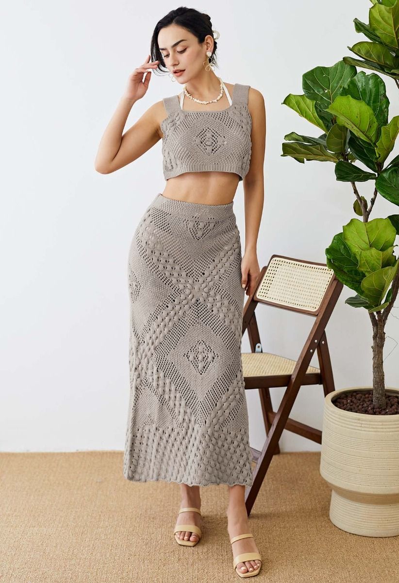 Embossed Pointelle Knit Tank Top and Skirt Set in Sage