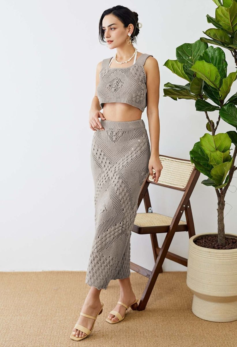 Embossed Pointelle Knit Tank Top and Skirt Set in Sage