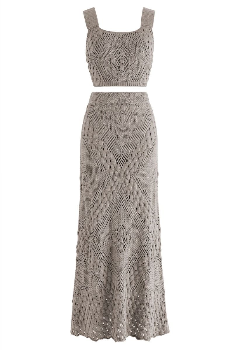 Embossed Pointelle Knit Tank Top and Skirt Set in Sage