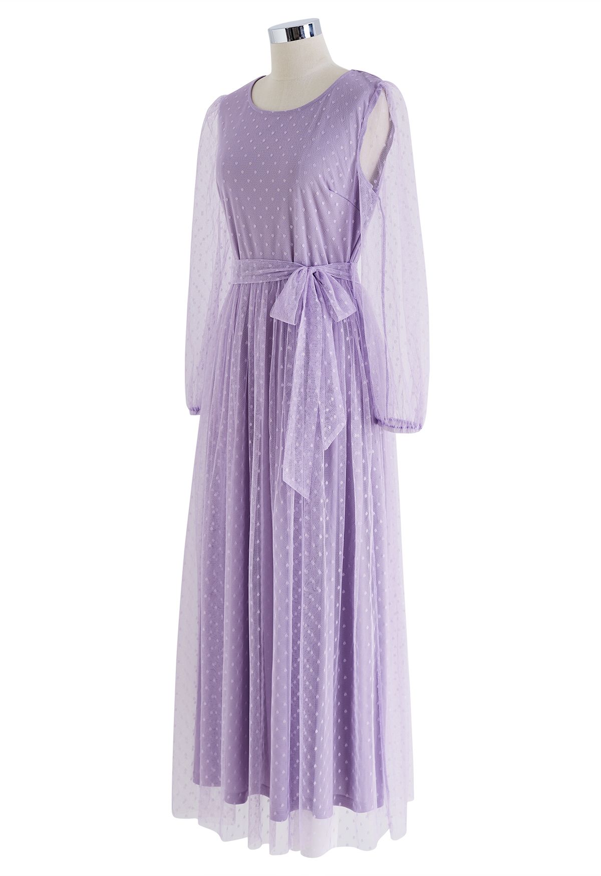 Lovely Dotted Mesh Maxi Dress in Lilac