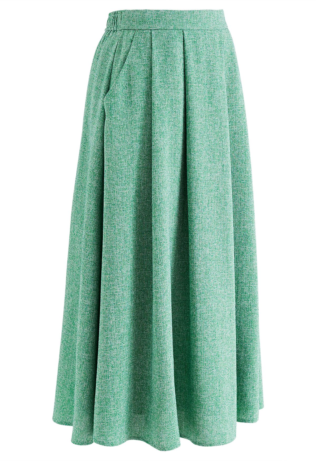 Side Pocket Pleated Tweed Midi Skirt