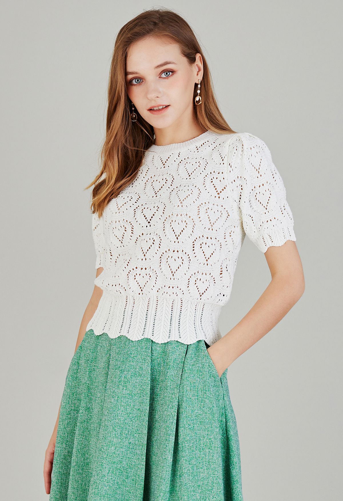 Heart-Shape Pointelle Knit Top in Cream