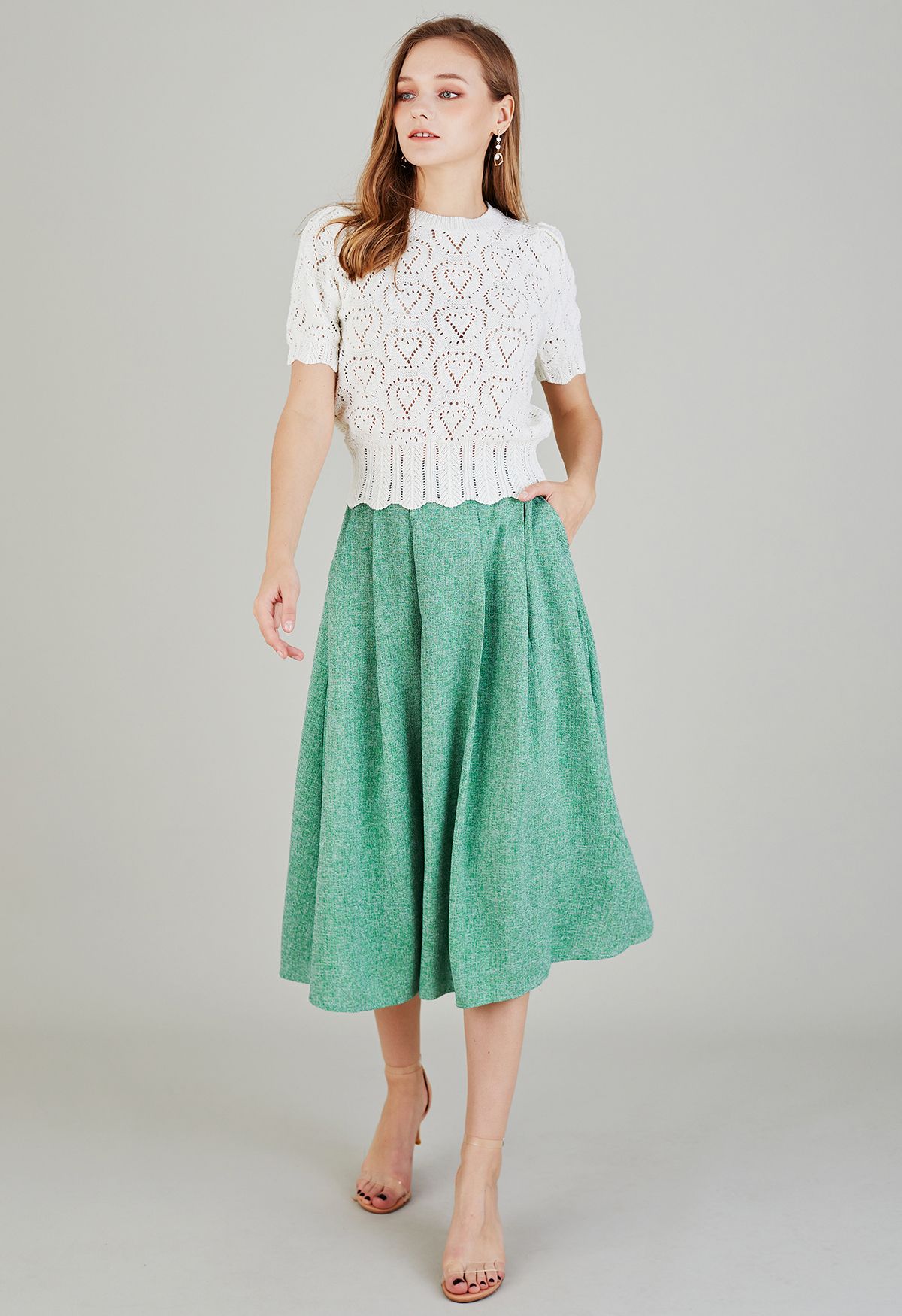 Side Pocket Pleated Tweed Midi Skirt