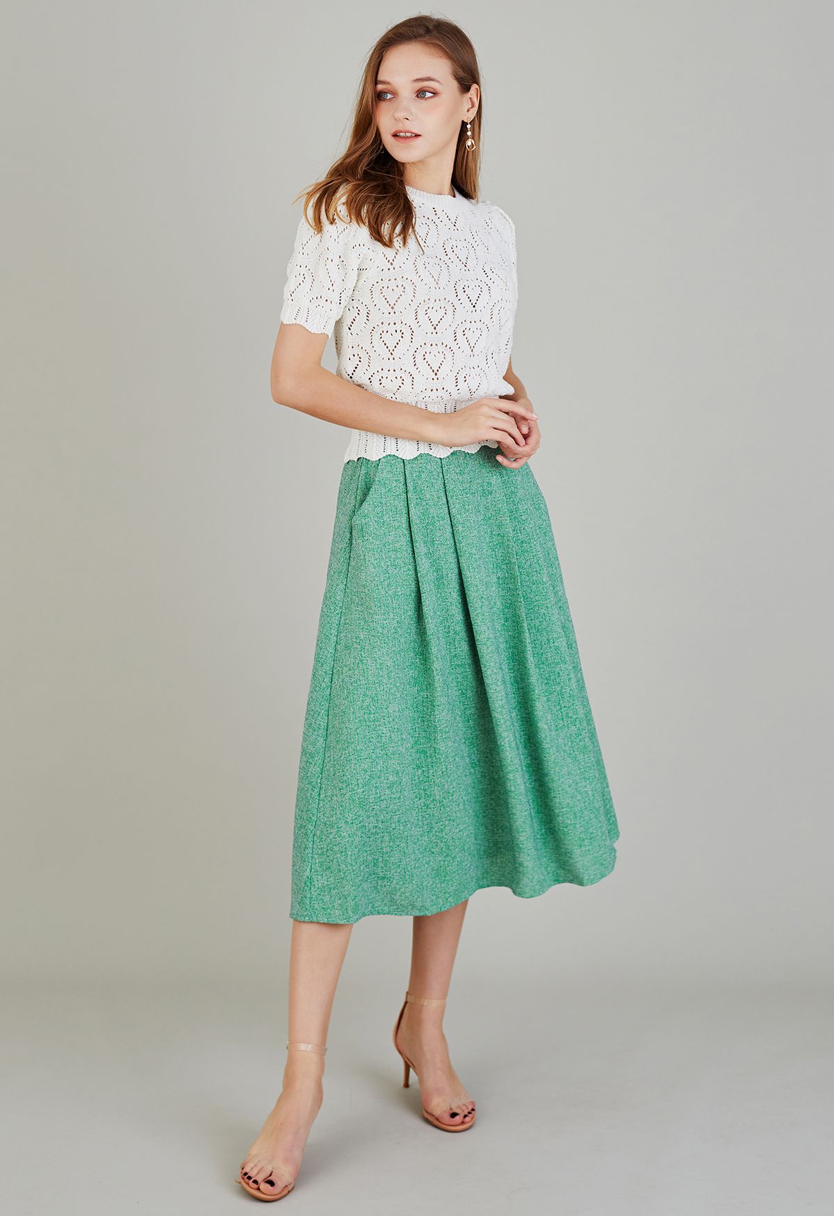 Side Pocket Pleated Tweed Midi Skirt