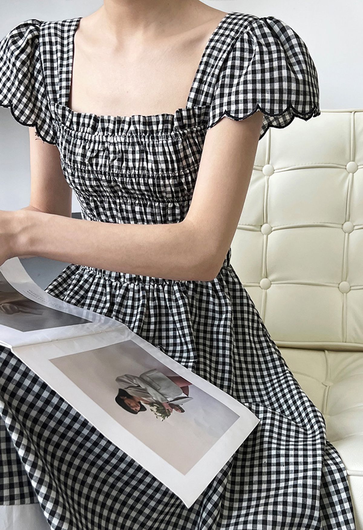 Gingham Color Blocked Flutter Sleeve Midi Dress