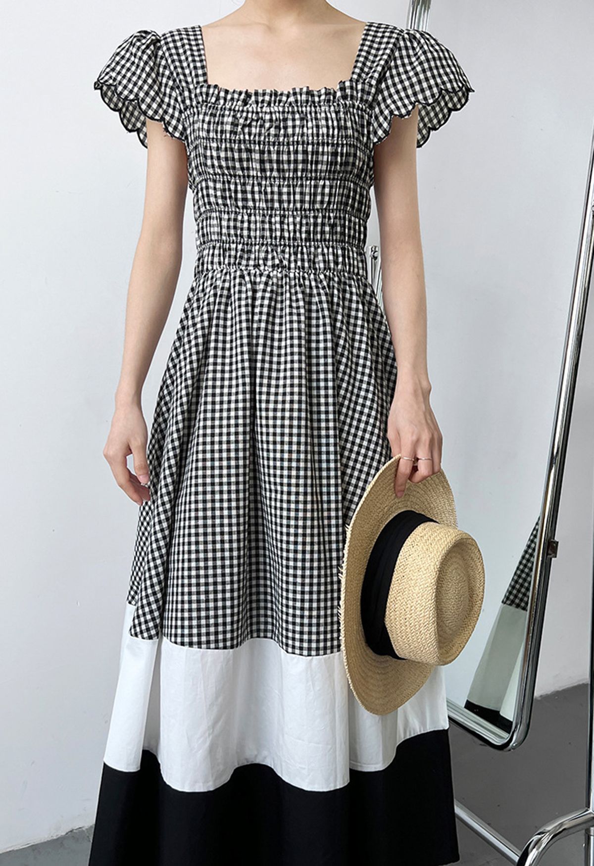 Gingham Color Blocked Flutter Sleeve Midi Dress