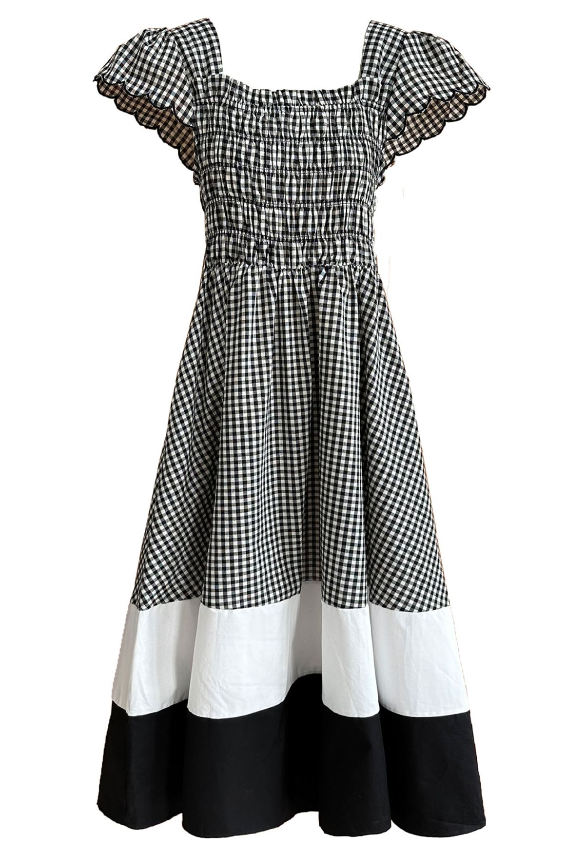 Gingham Color Blocked Flutter Sleeve Midi Dress