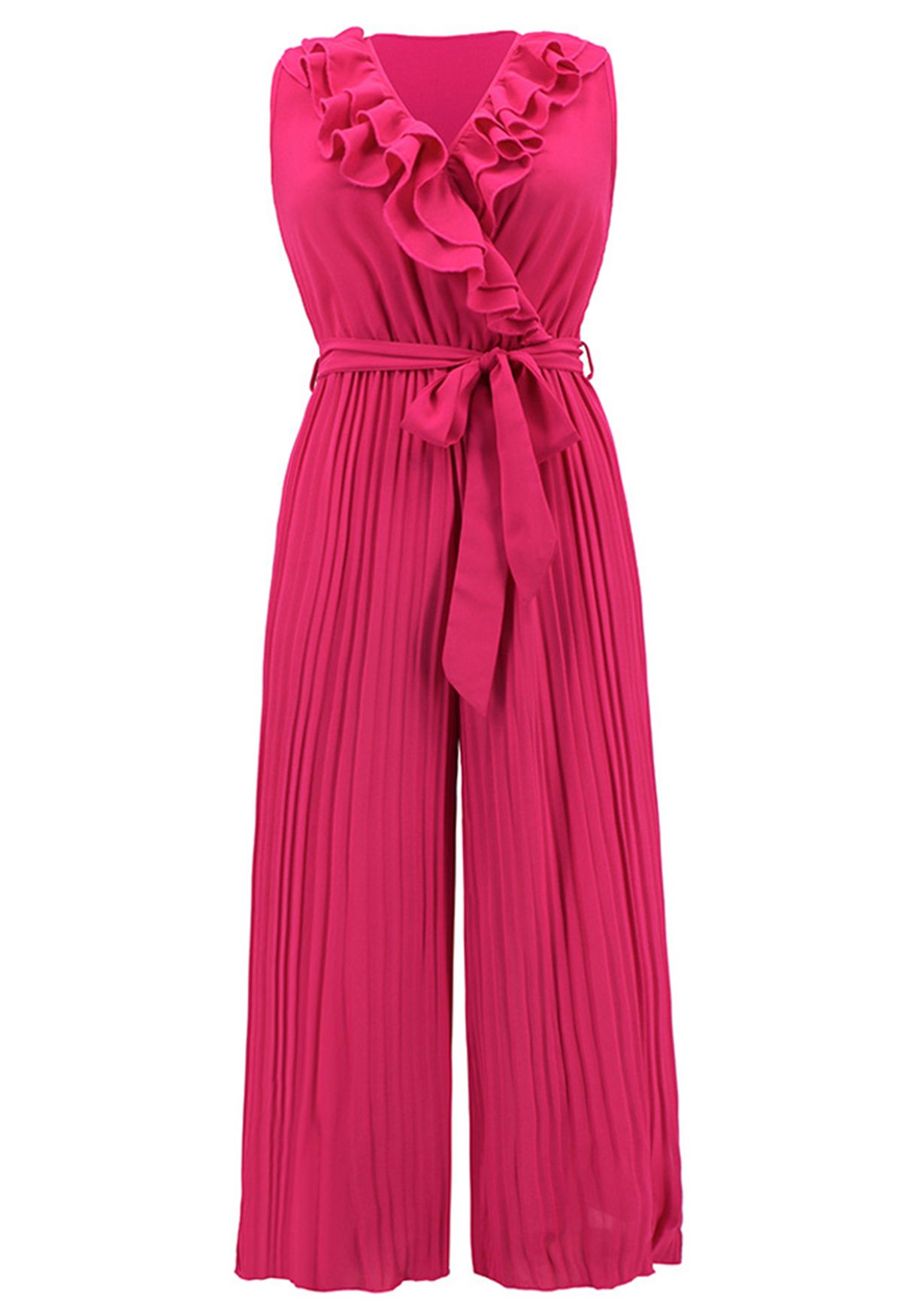 Tiered Ruffle Wrap Plisse Jumpsuit in Hot Pink