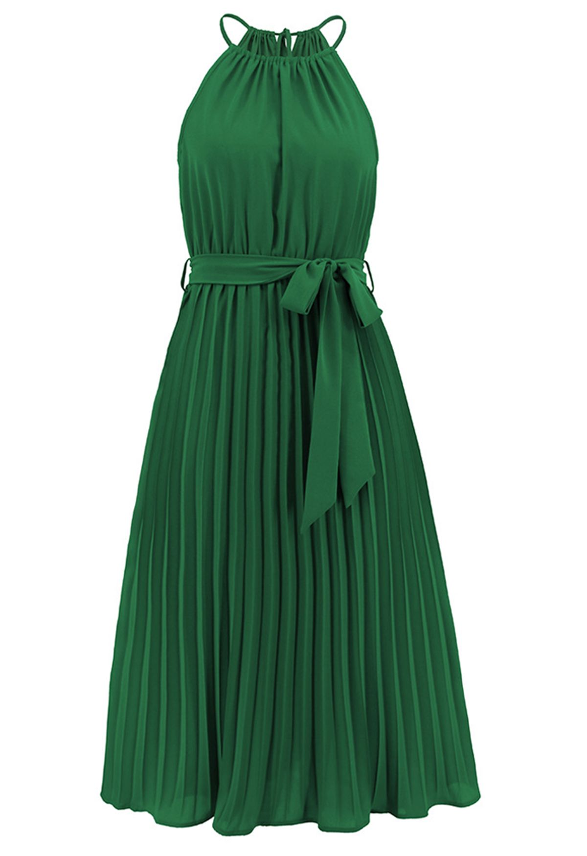 Halter Neck Tie Waist Pleated Dress in Green