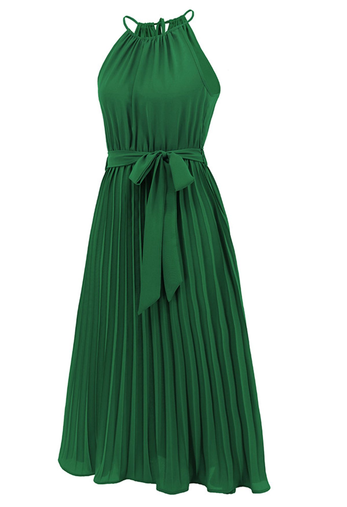 Halter Neck Tie Waist Pleated Dress in Green