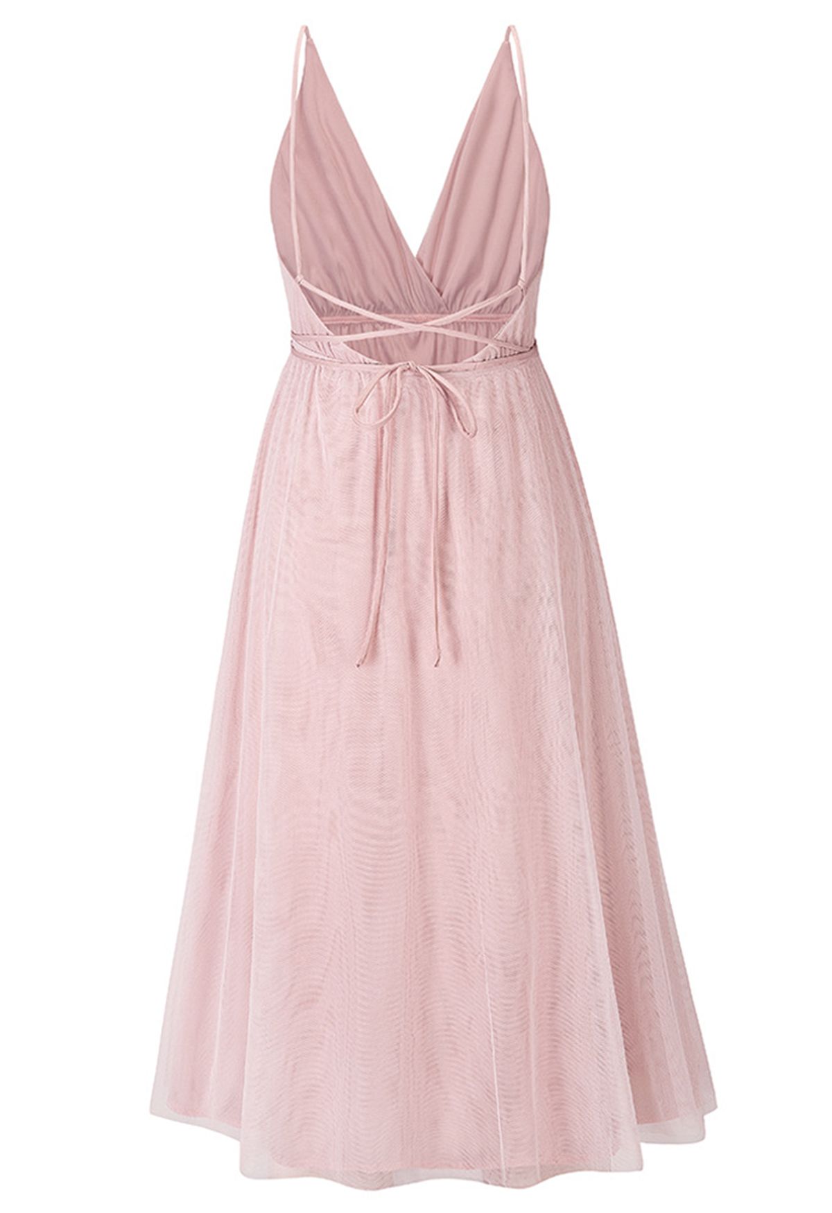 Crisscross Open Back Wrap Mesh Tulle Dress in Pink