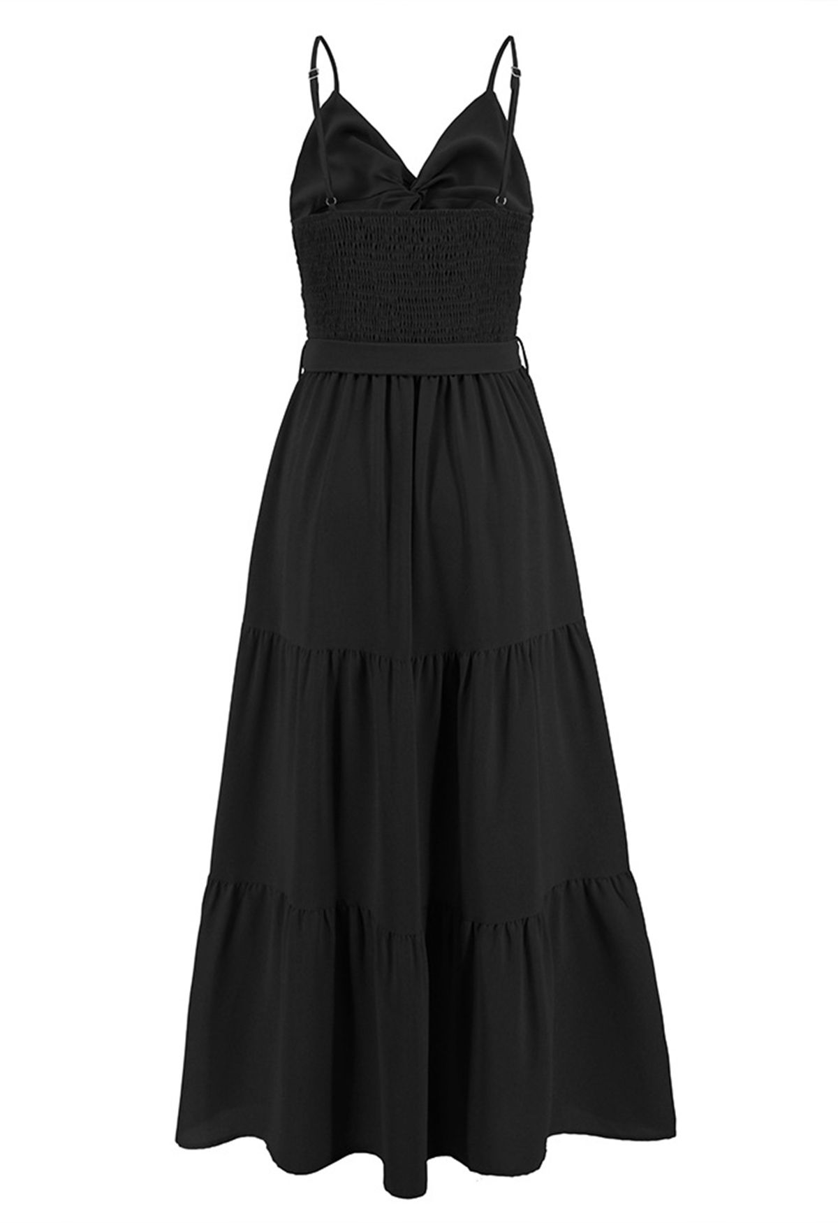 Twist Cutout Shirred Cami Maxi Dress in Black