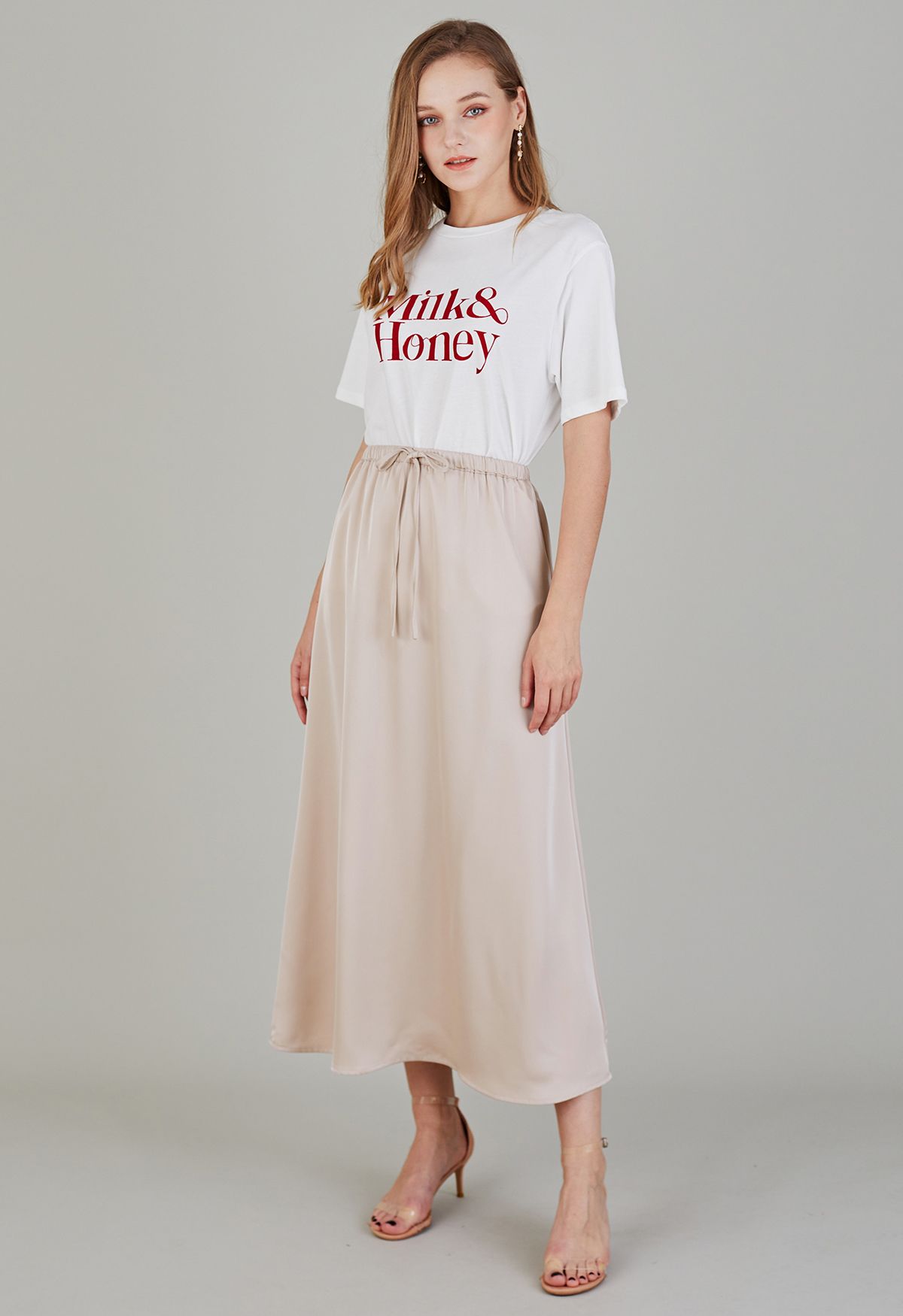 Elastic Drawstring Waist Satin Maxi Skirt in Blush