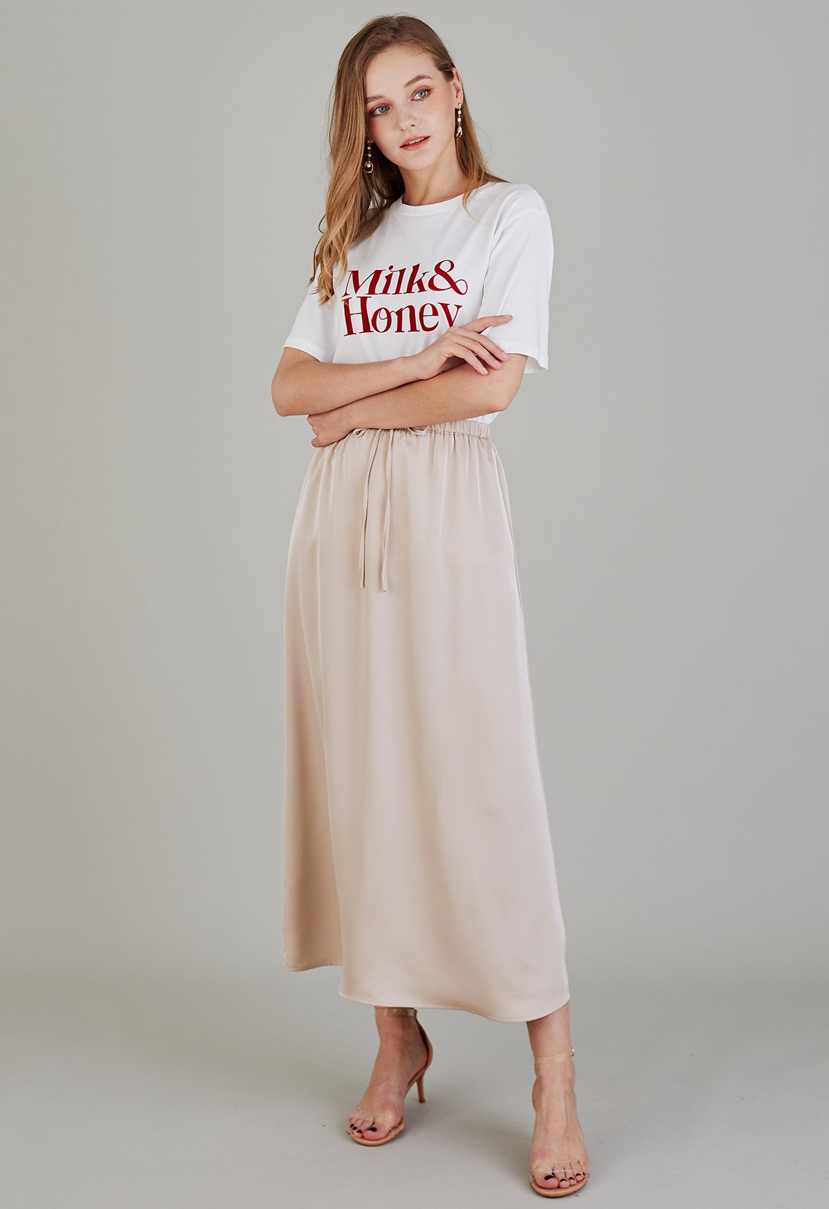 Elastic Drawstring Waist Satin Maxi Skirt in Blush