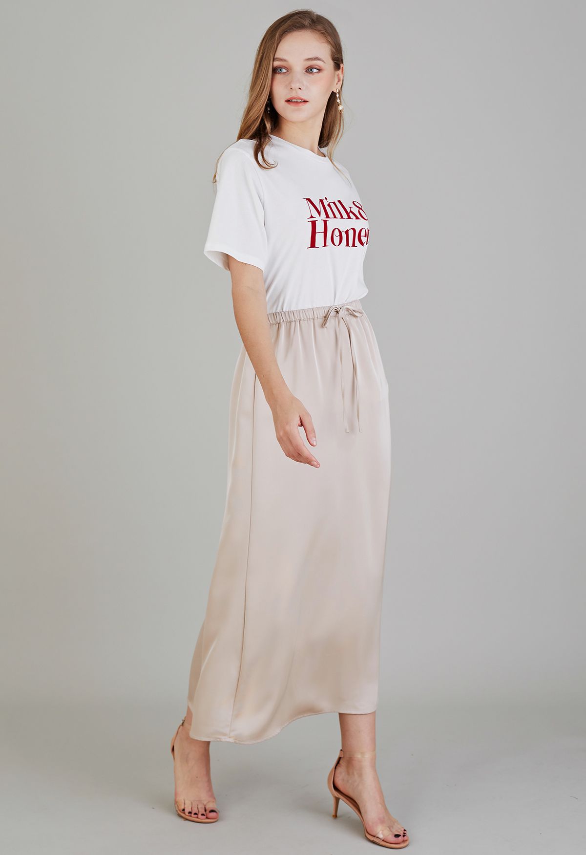 Elastic Drawstring Waist Satin Maxi Skirt in Blush