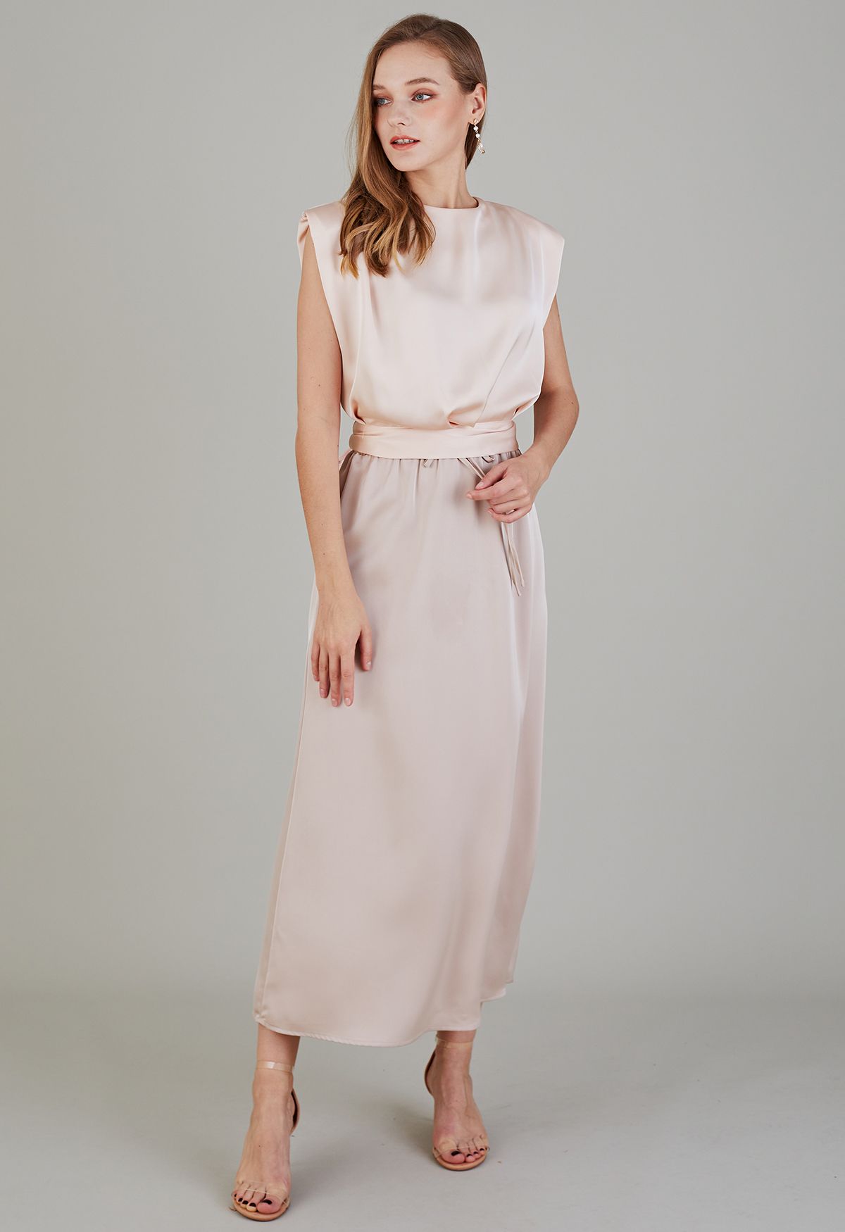 Elastic Drawstring Waist Satin Maxi Skirt in Blush