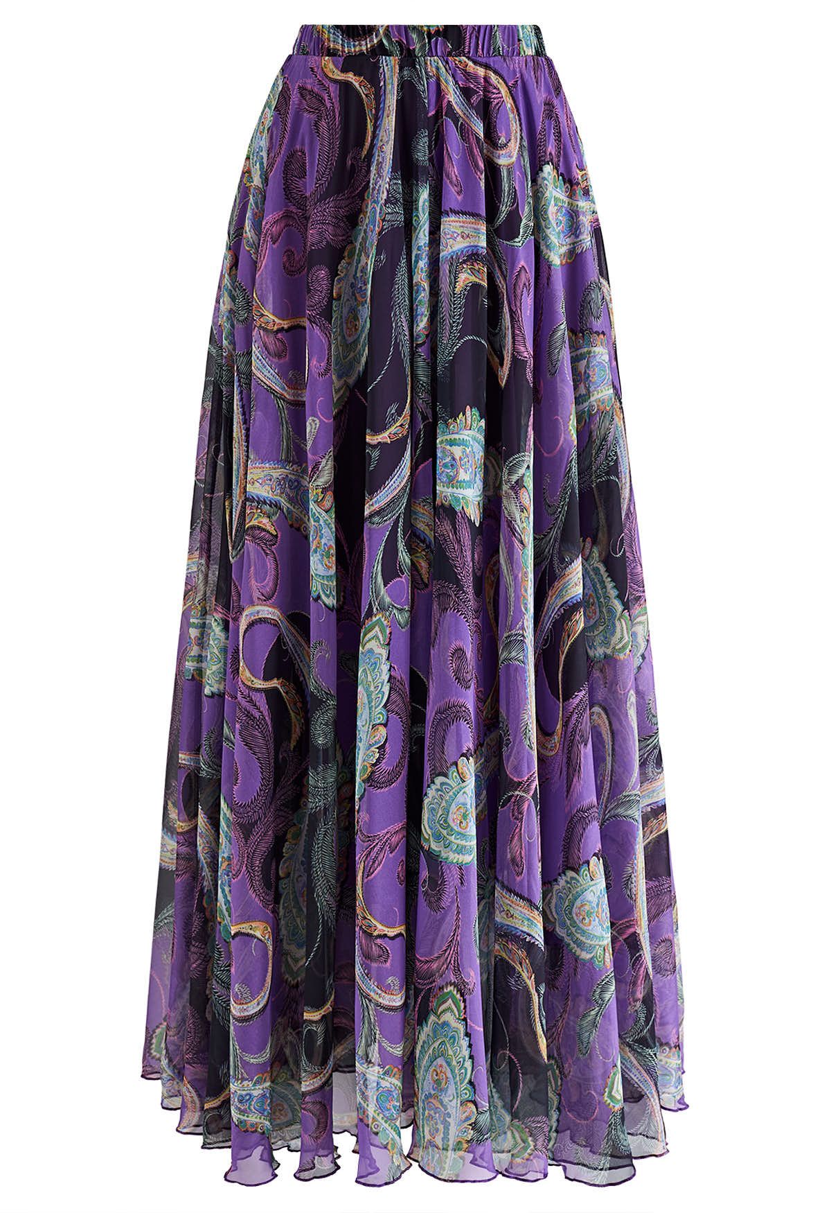Exotic Paisley Chiffon Maxi Skirt in Purple - Retro, Indie and Unique ...