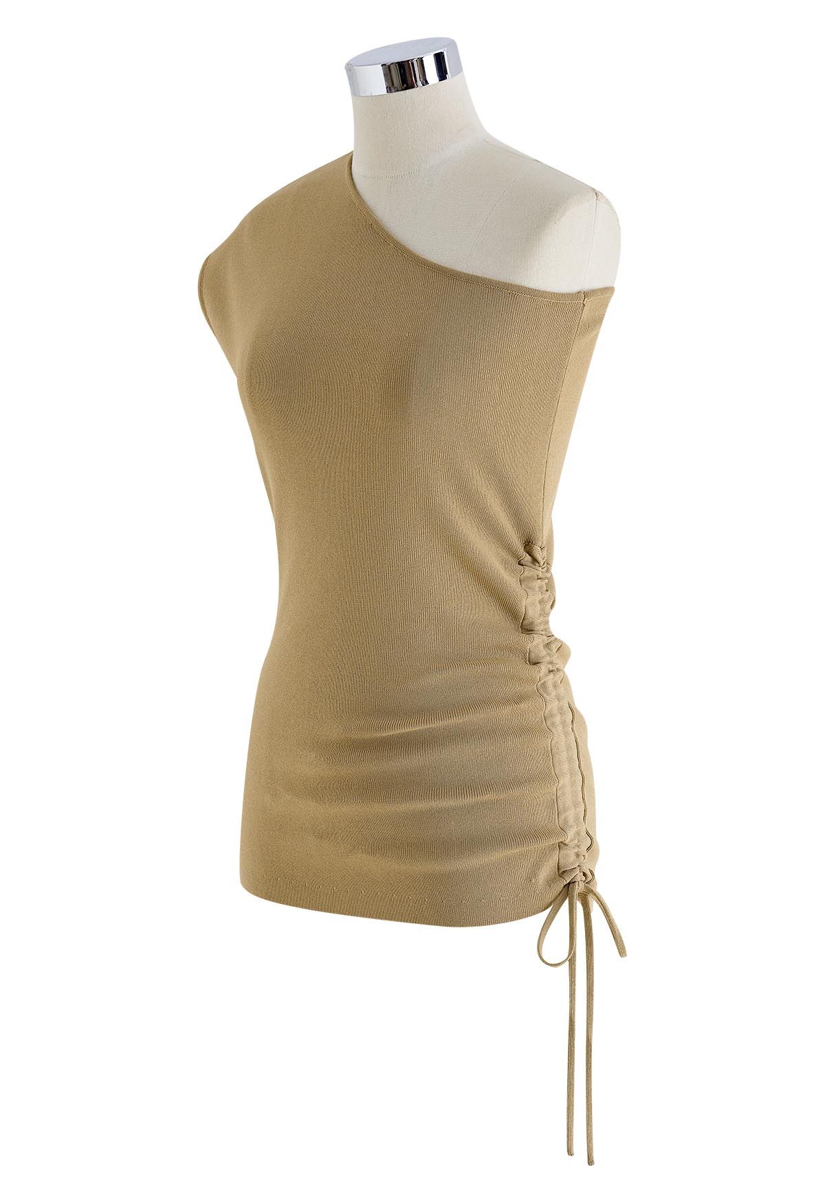 One-Shoulder Side Drawstring Knit Top in Tan