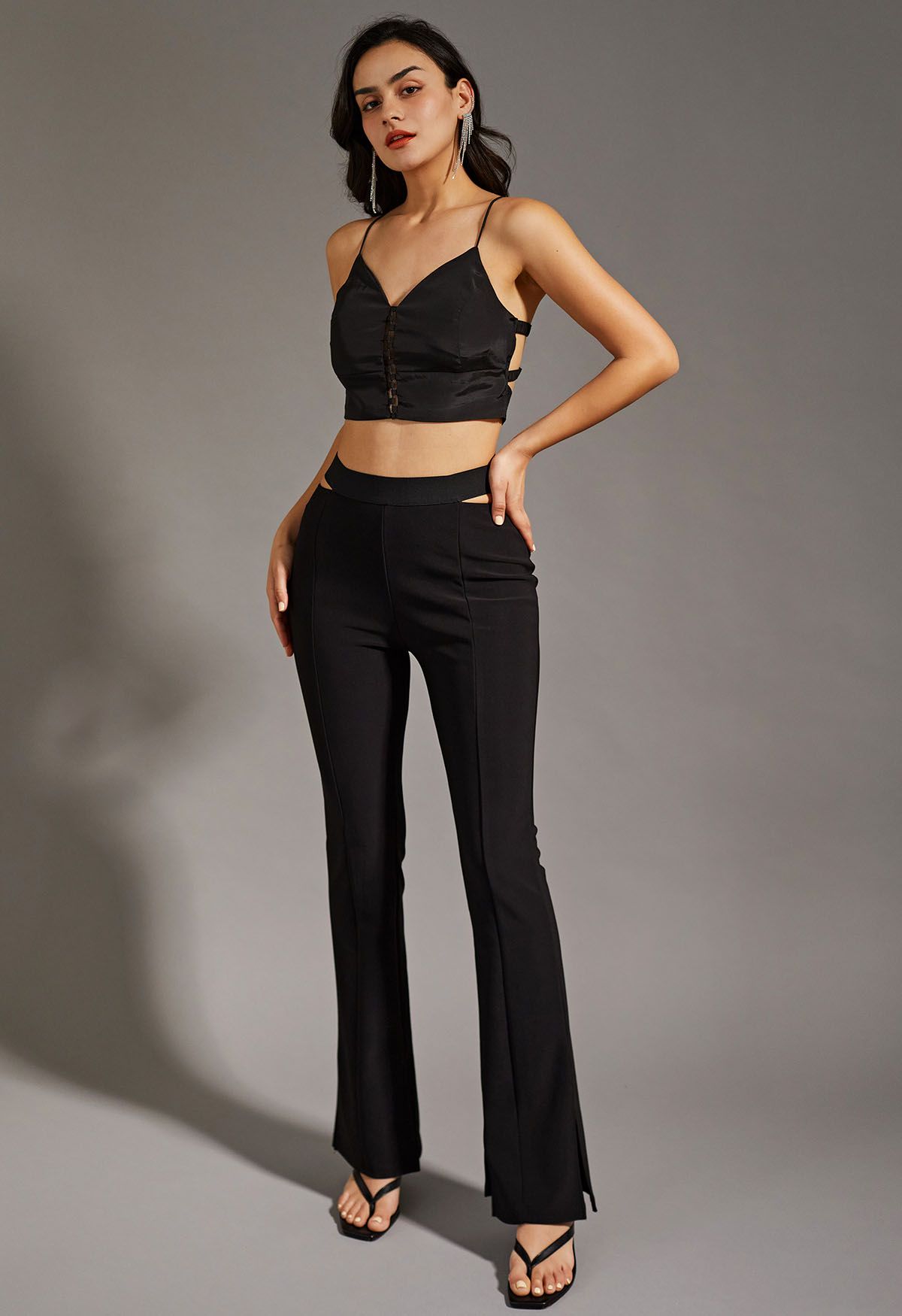 Cut Out Waist Slit Flare Pants