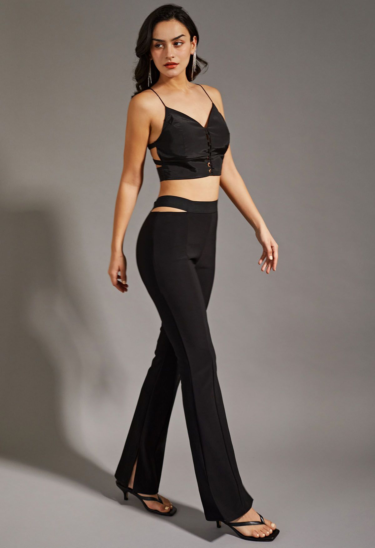 Cut Out Waist Slit Flare Pants