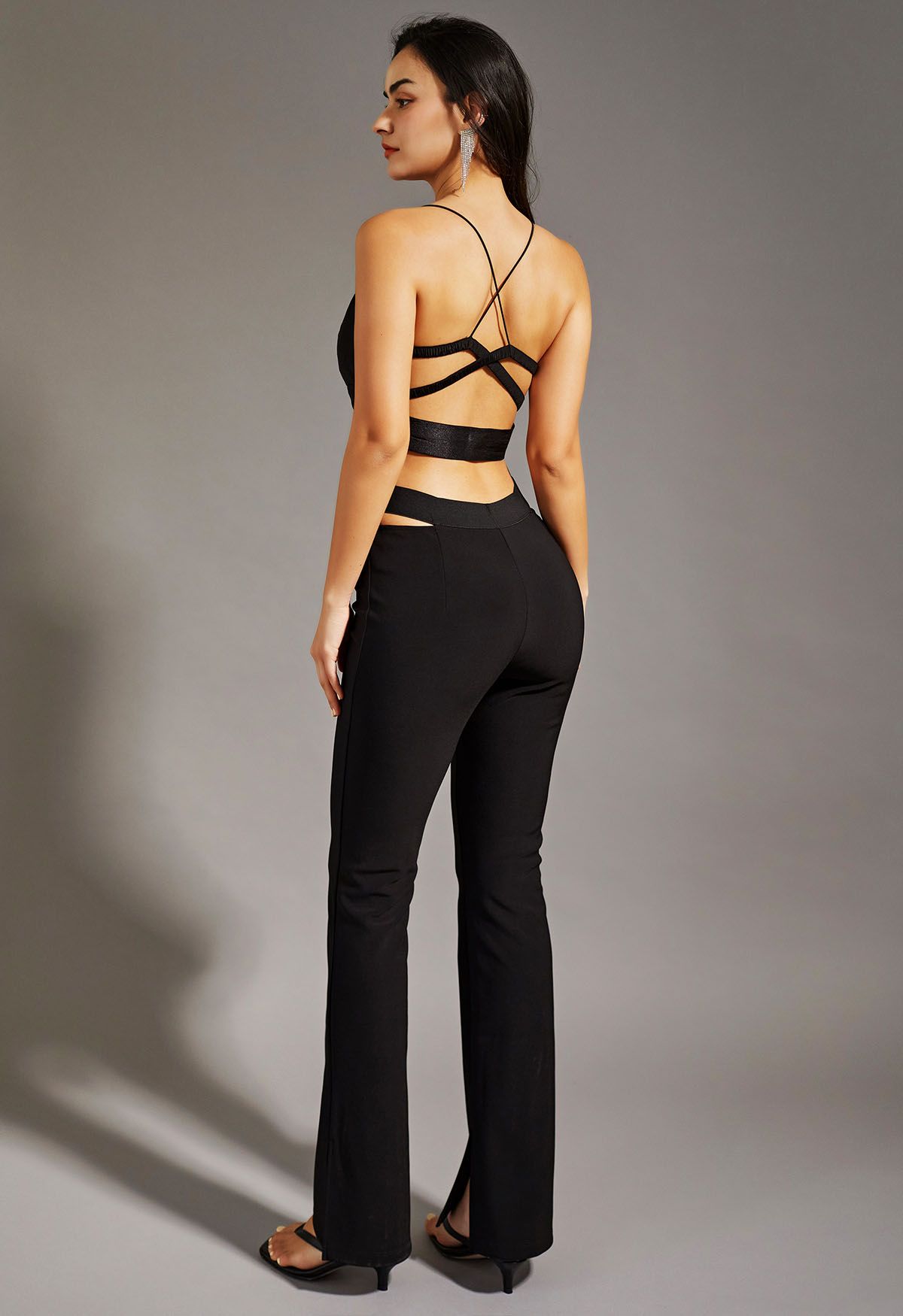 Cut Out Waist Slit Flare Pants