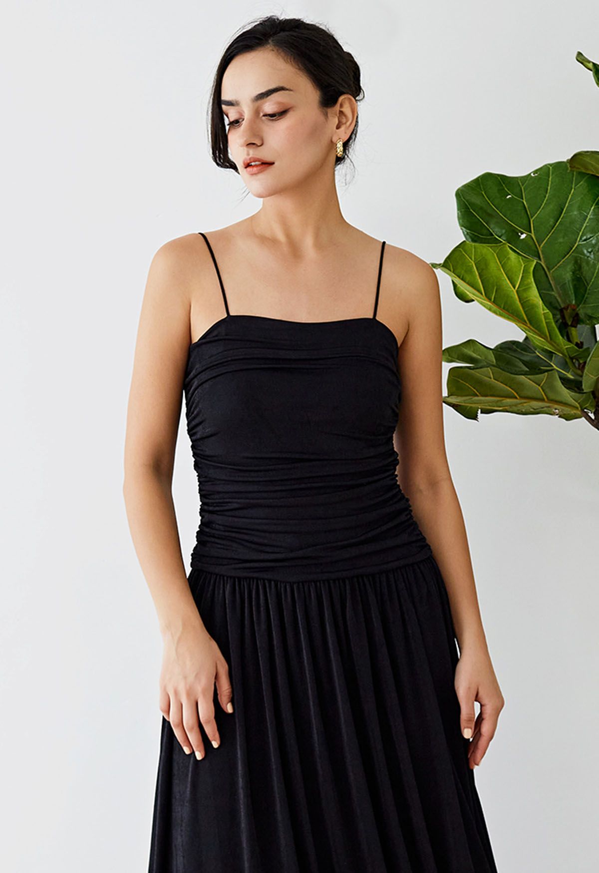 Ruched Elegance Cami Maxi Dress in Black