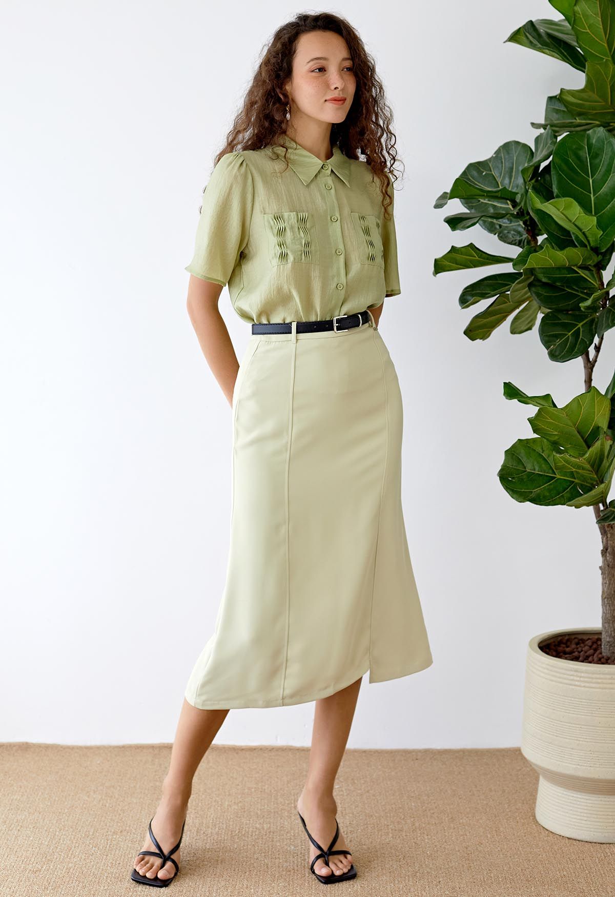 Irregular Hem Seam Detailing Midi Skirt in Lime