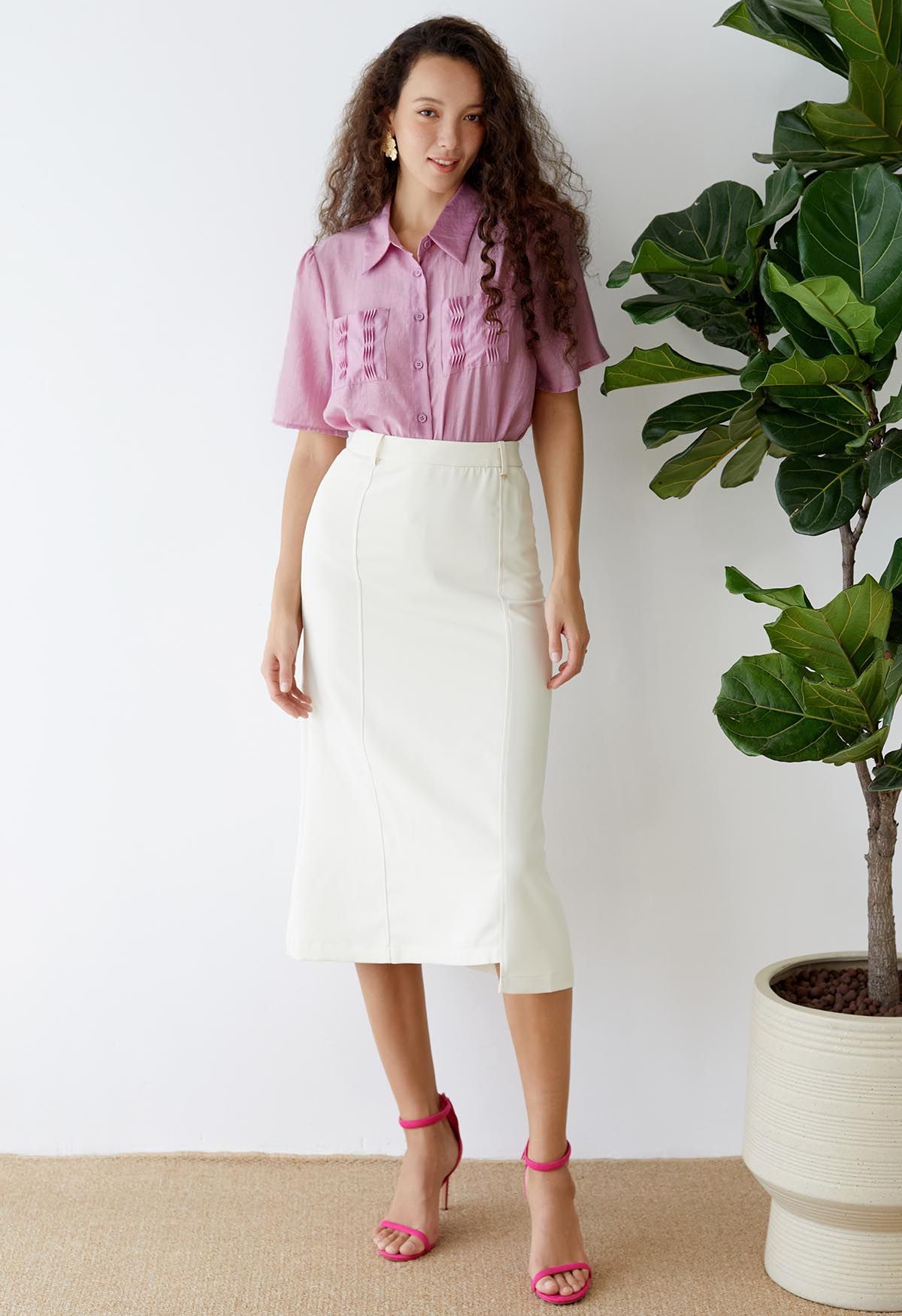 Irregular Hem Seam Detailing Midi Skirt in Ivory