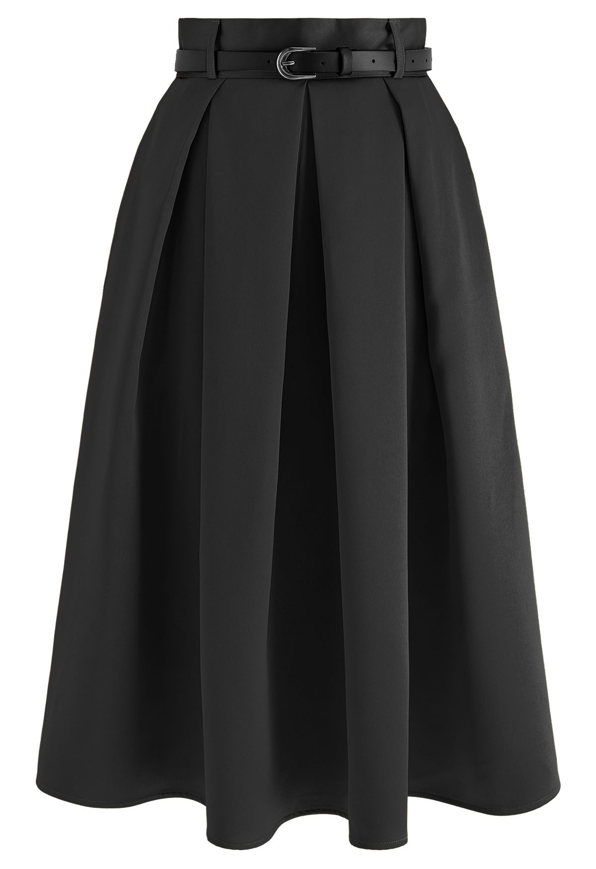 Elegant Pleated Belted Midi Skirt in Black