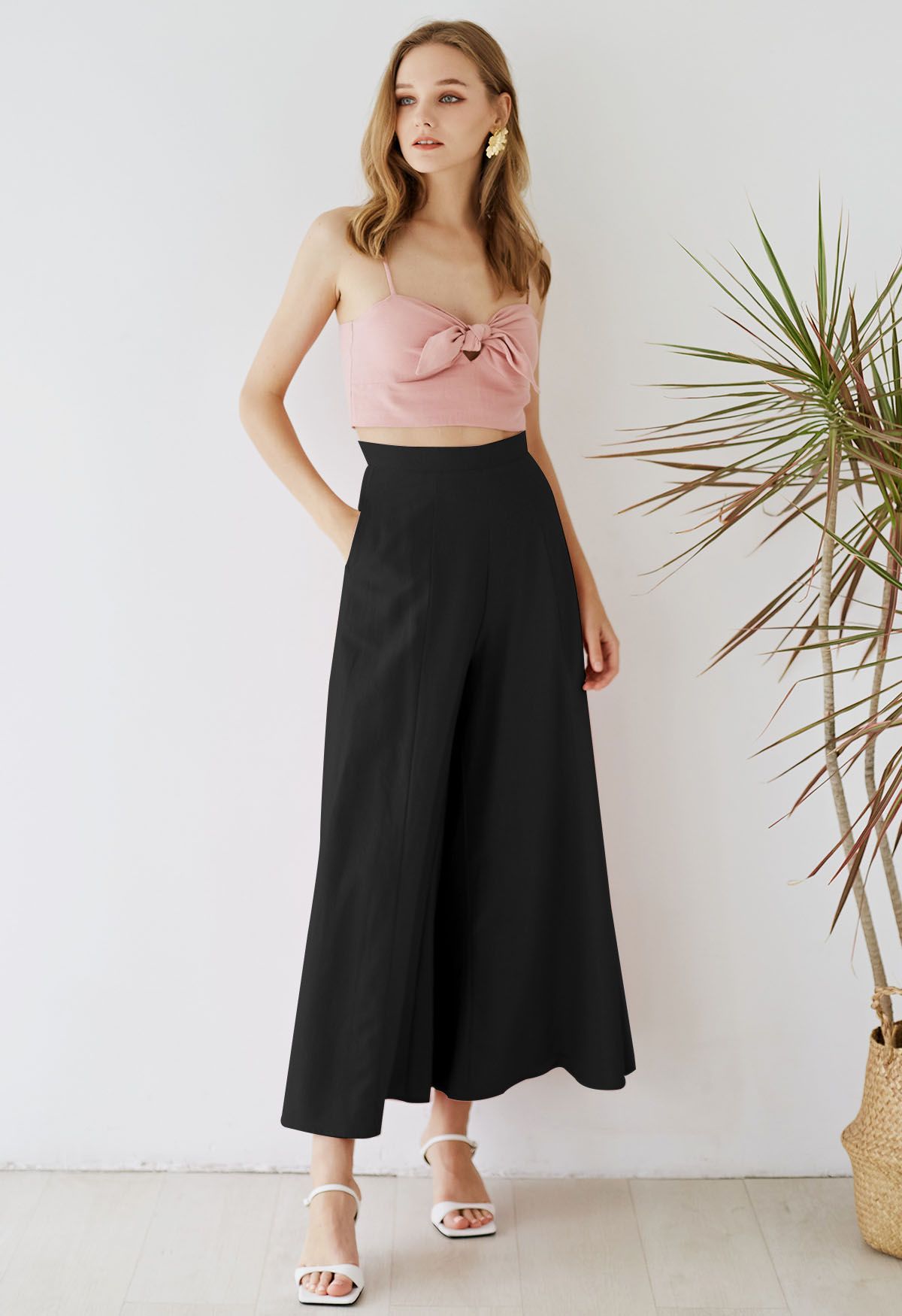 Soft Cotton Wide Leg Crop Pants in Black