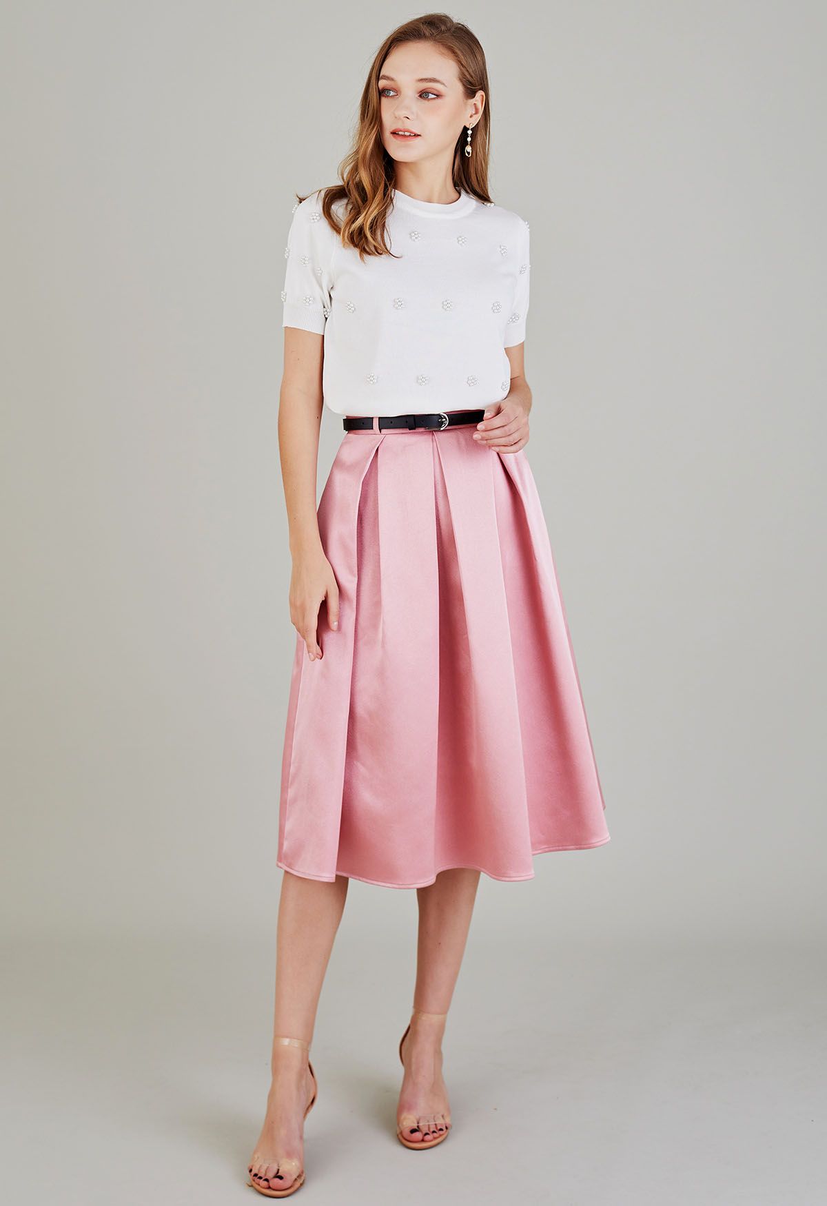 Elegant Pleated Belted Midi Skirt in Pink