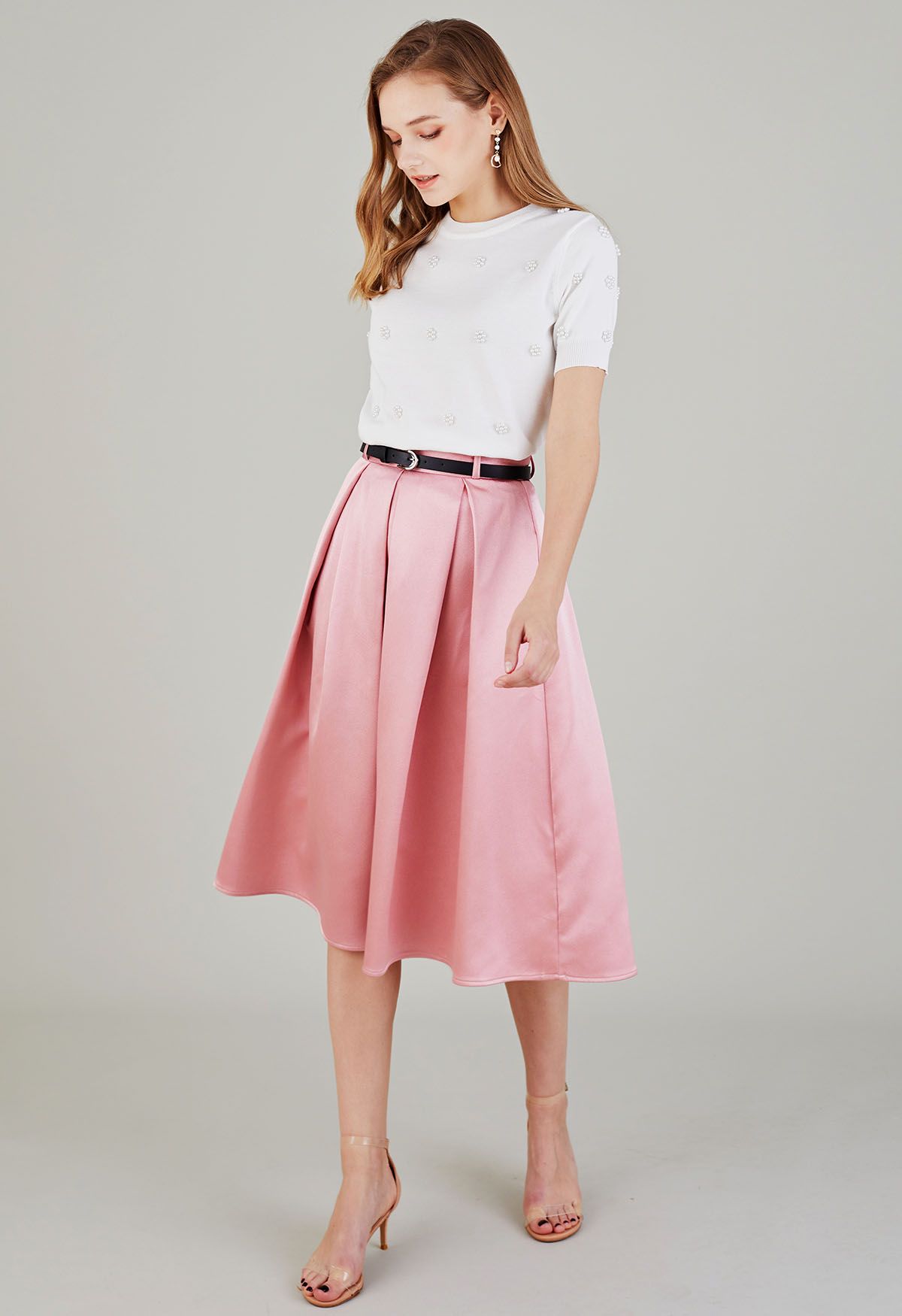 Elegant Pleated Belted Midi Skirt in Pink