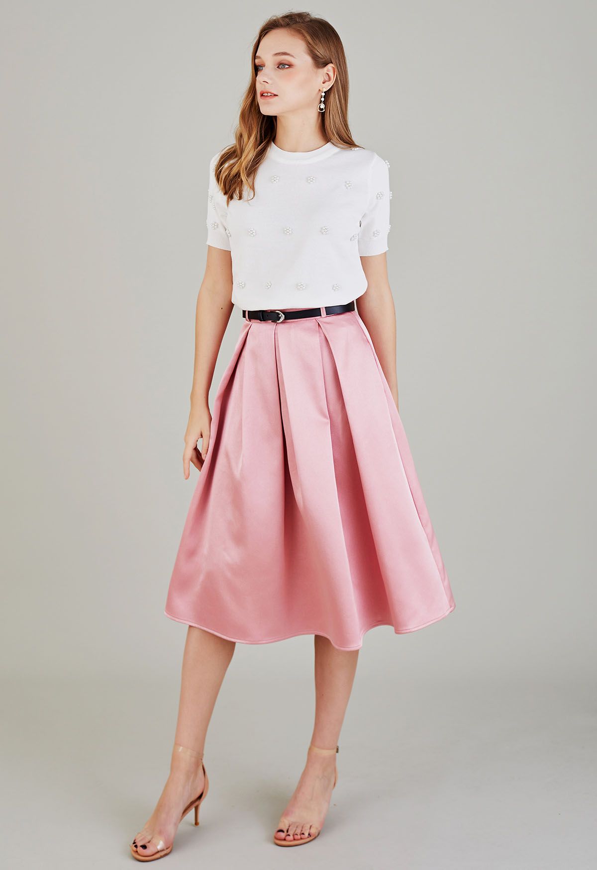 Elegant Pleated Belted Midi Skirt in Pink