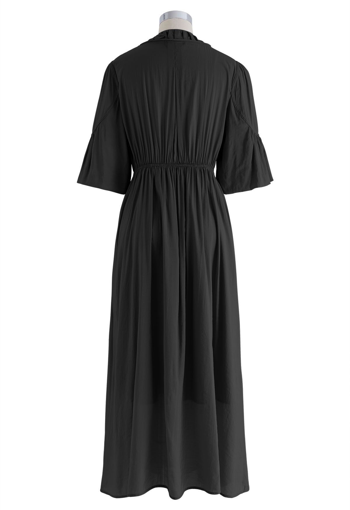 Ruched V-Neck Flutter Sleeves Midi Dress in Black - Retro, Indie and ...