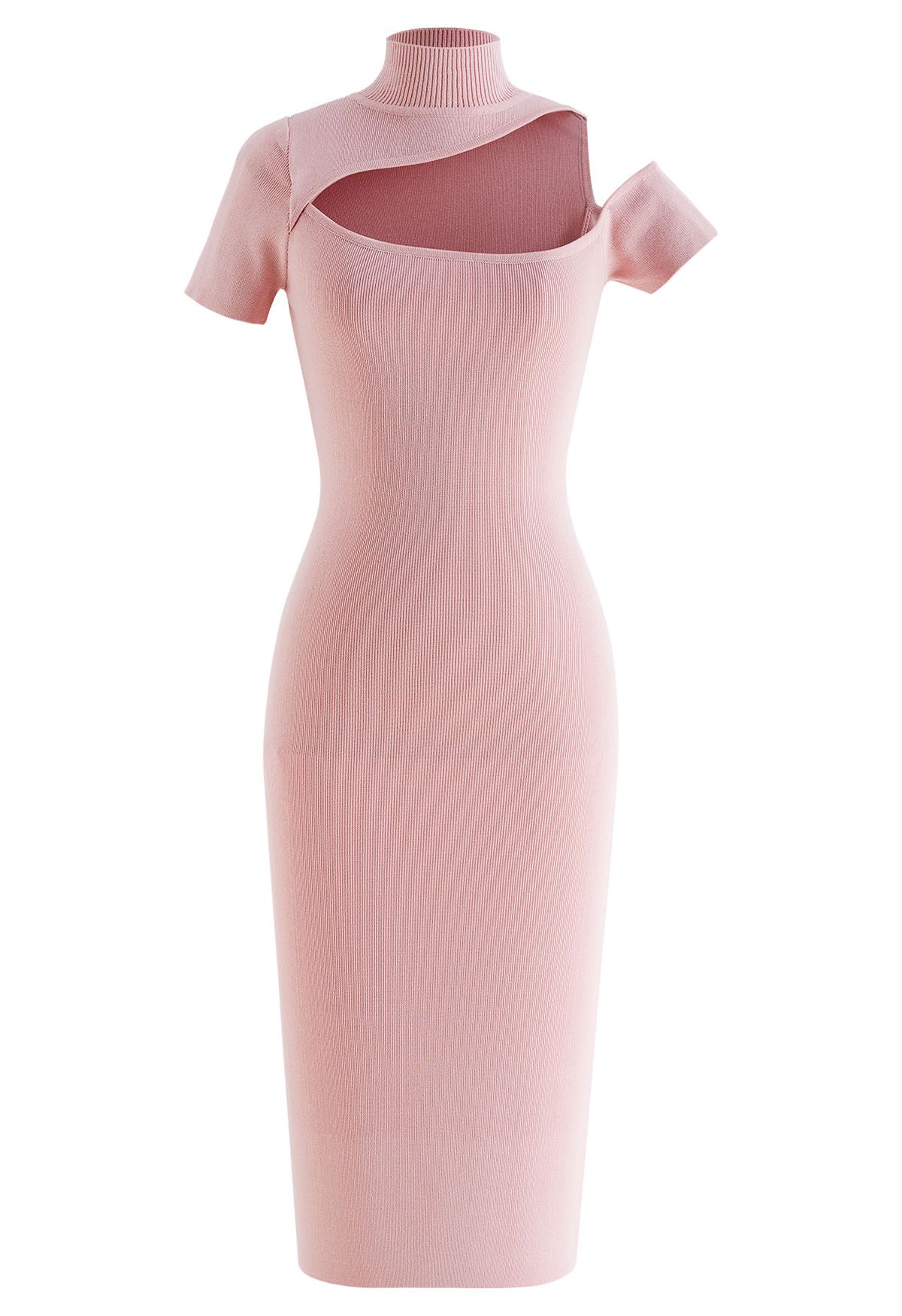 Cutout Neckline Bodycon Knit Dress in Pink