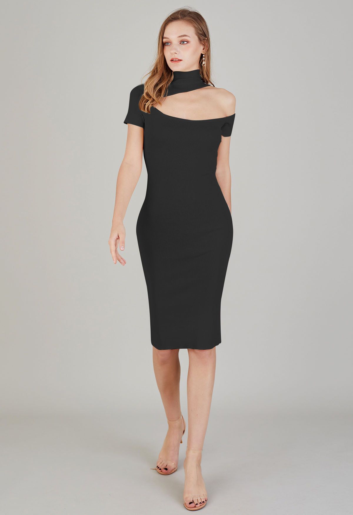 Cutout Neckline Bodycon Knit Dress in Black