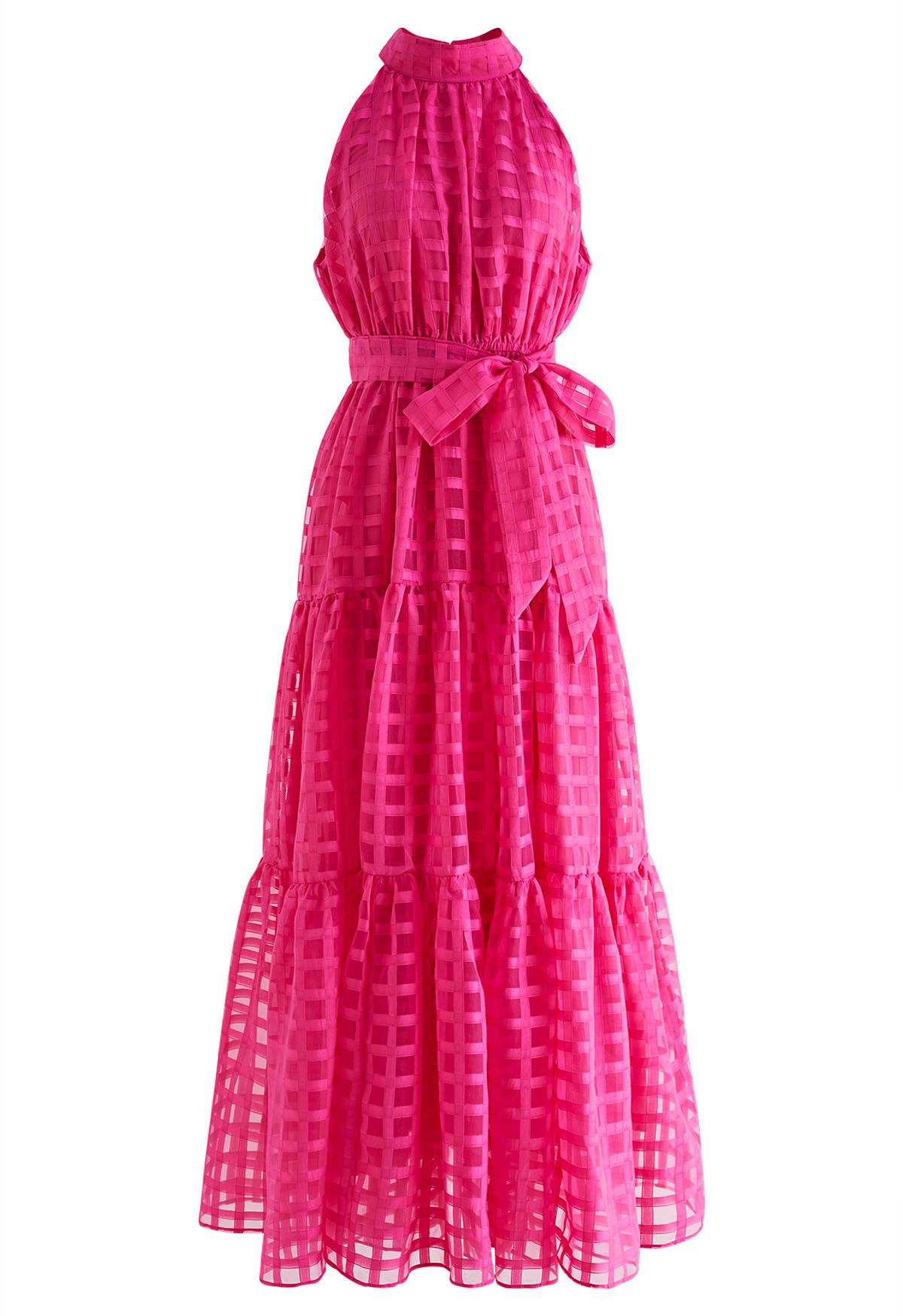 Check Halter Neck Tie Waist Maxi Dress in Hot Pink