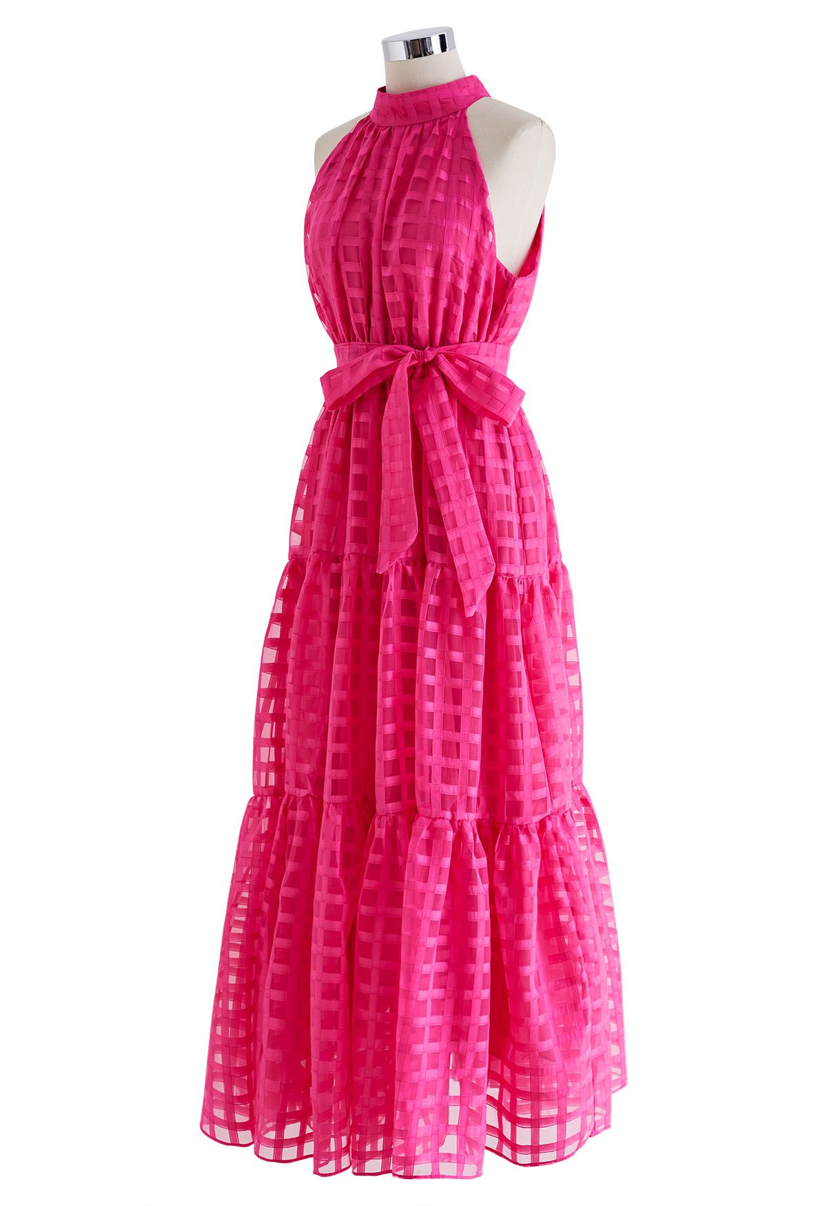 Check Halter Neck Tie Waist Maxi Dress in Hot Pink