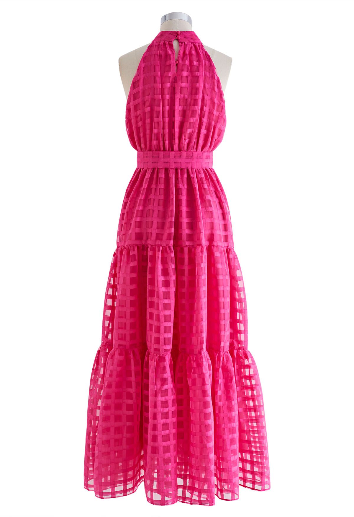 Check Halter Neck Tie Waist Maxi Dress in Hot Pink