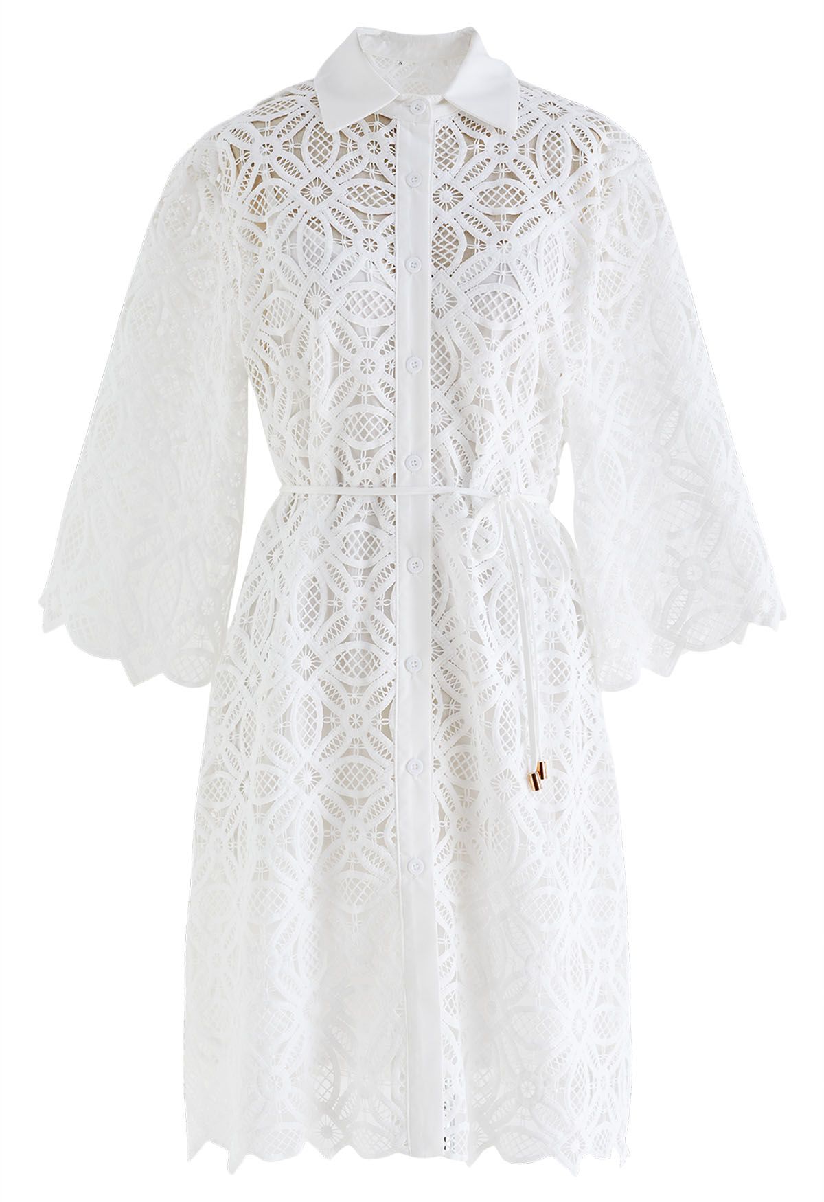 Delicate Cutwork Lace Button Down Dress in White