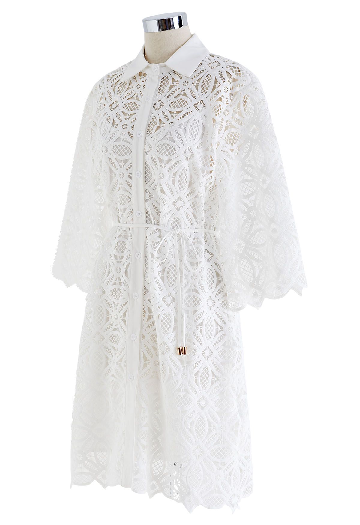 Delicate Cutwork Lace Button Down Dress in White