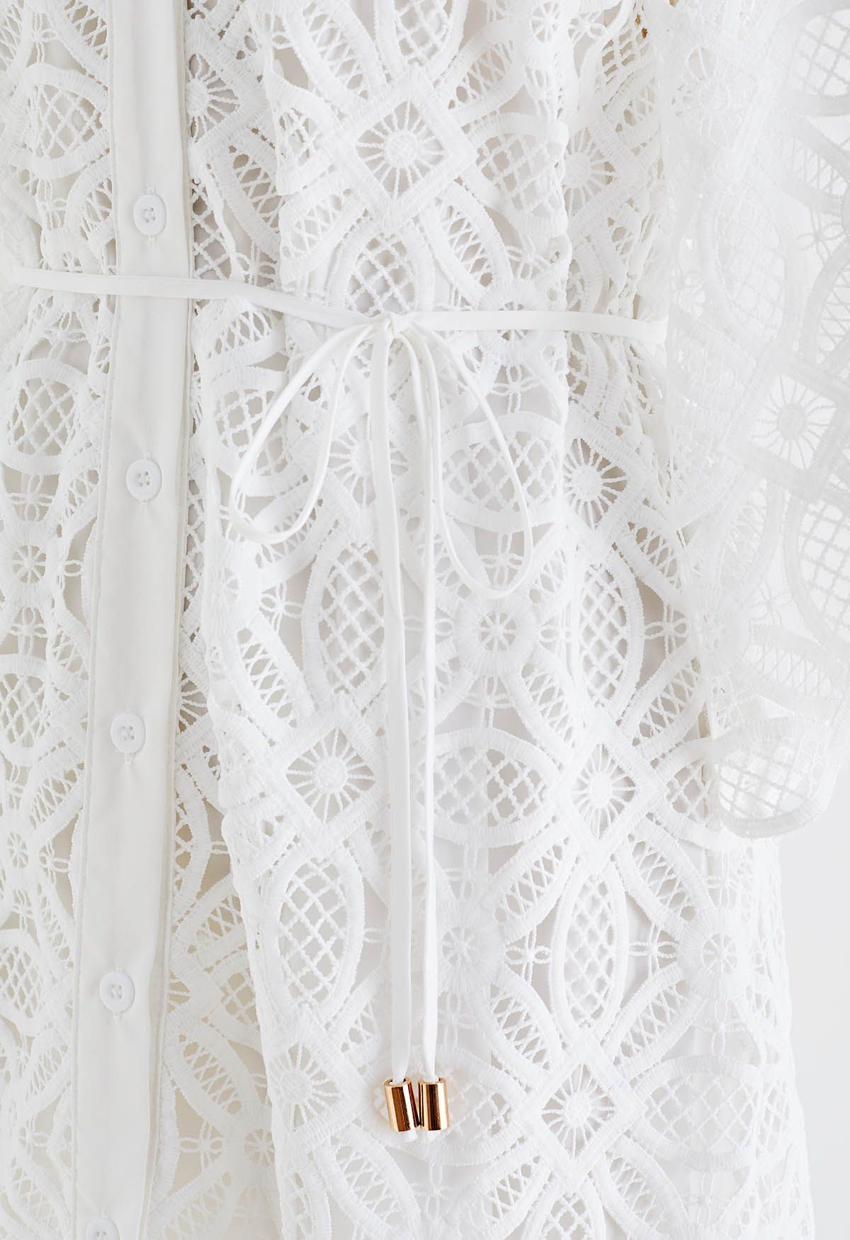 Delicate Cutwork Lace Button Down Dress in White