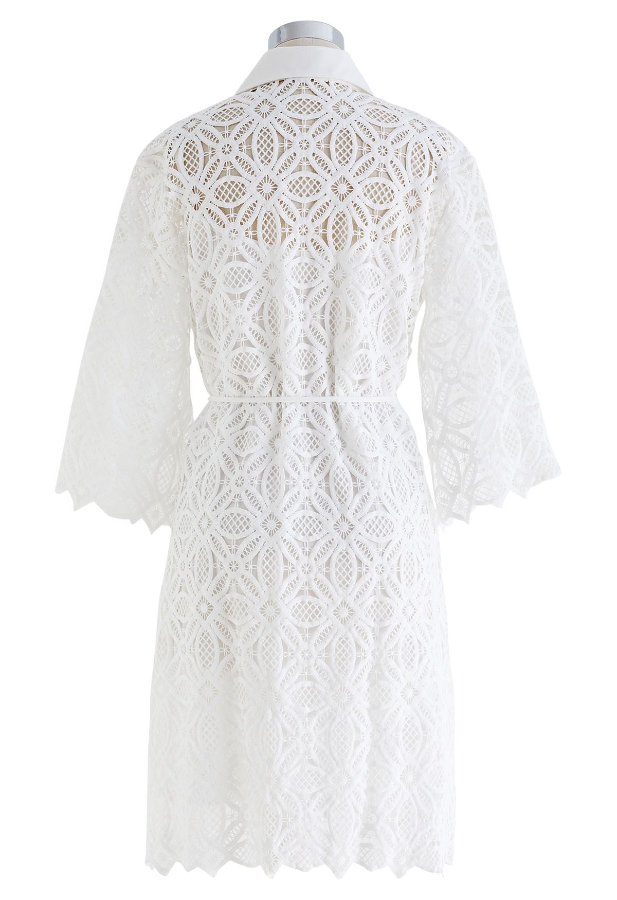 Delicate Cutwork Lace Button Down Dress in White