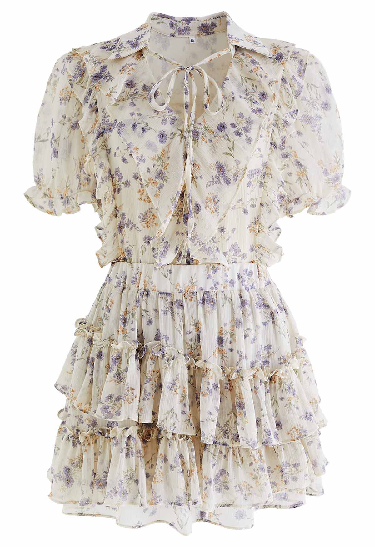 Ruffle Chiffon Top and Tiered Mini Skorts Set in Cream Floral