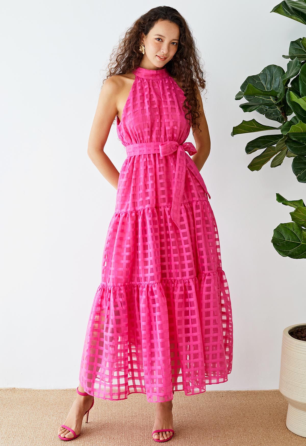 Check Halter Neck Tie Waist Maxi Dress in Hot Pink