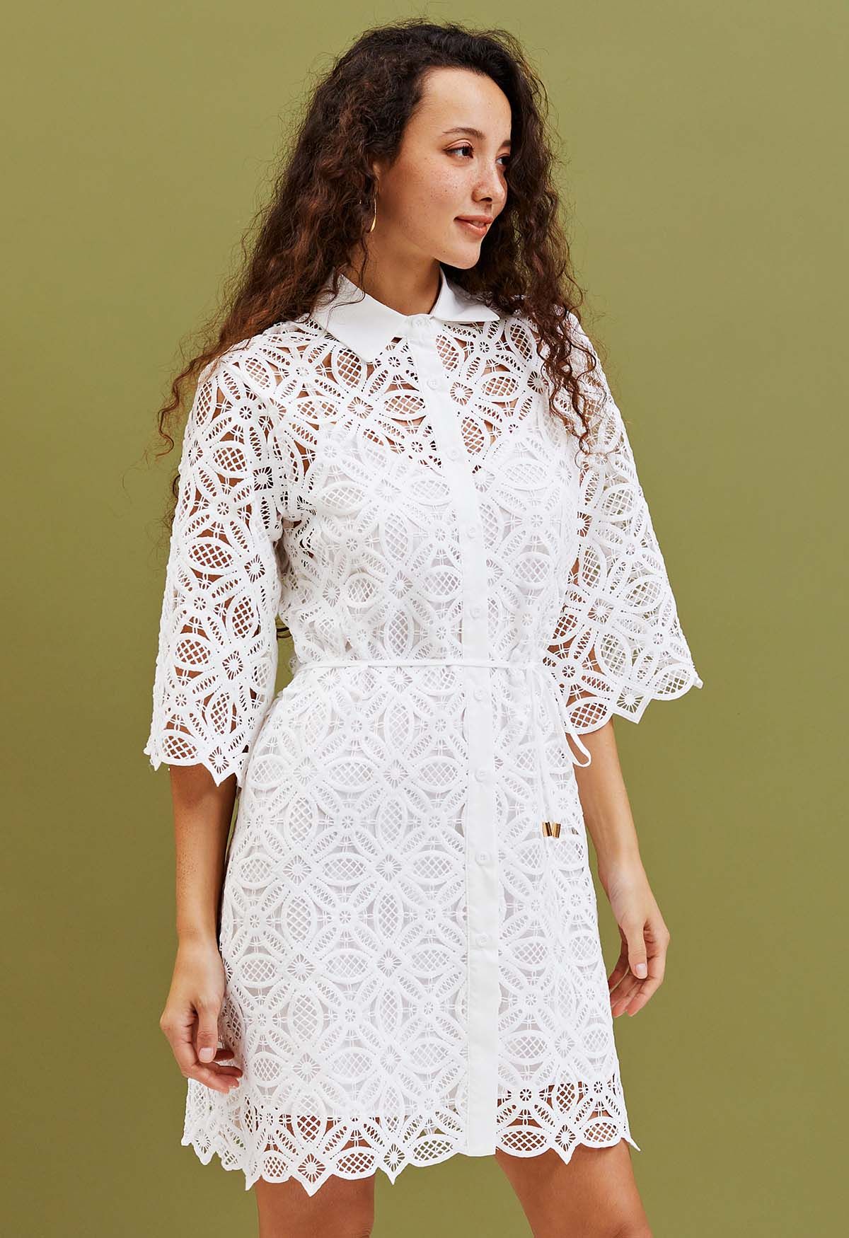 Delicate Cutwork Lace Button Down Dress in White