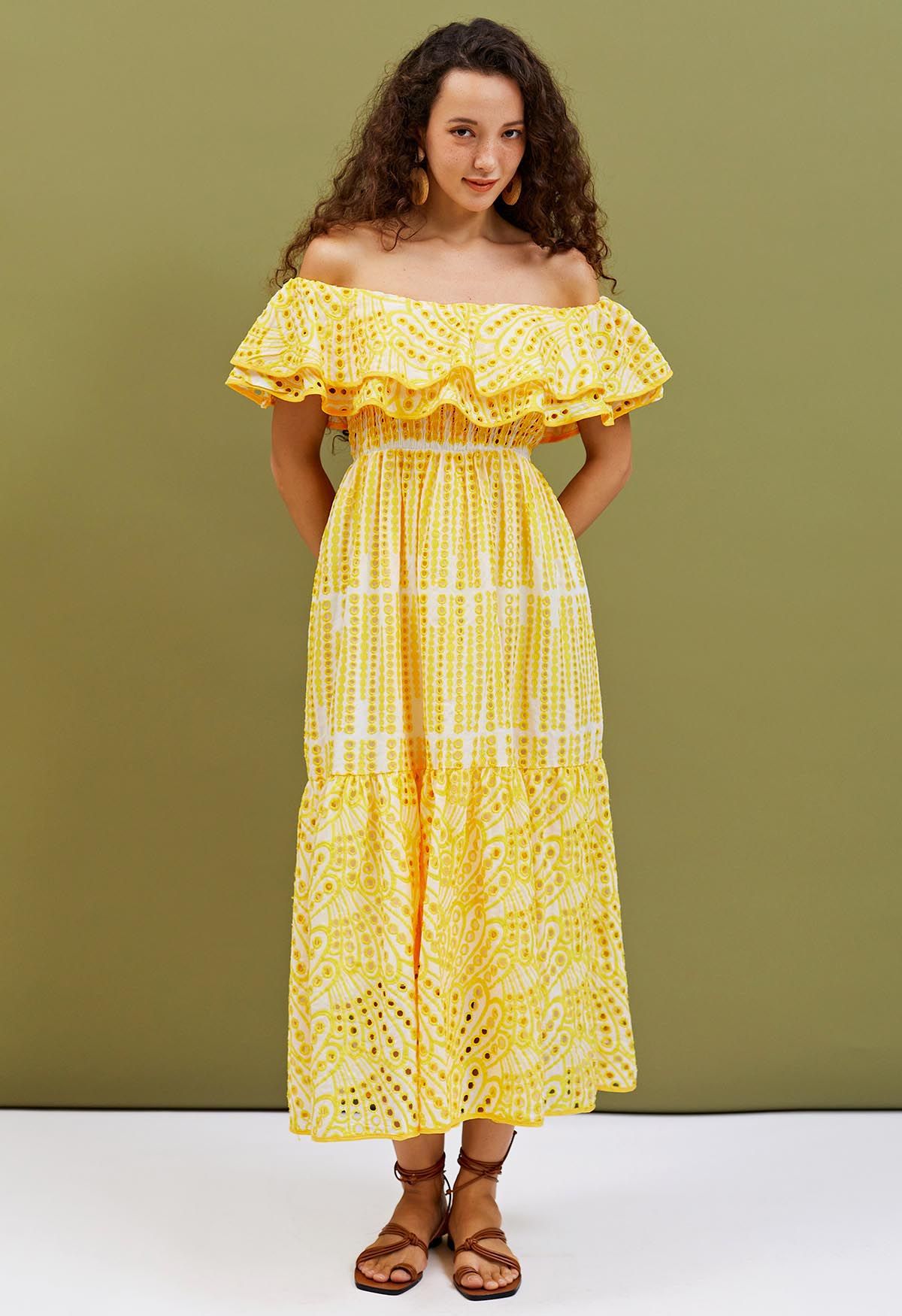 Off-Shoulder Tiered Ruffle Embroidered Eyelet Dress